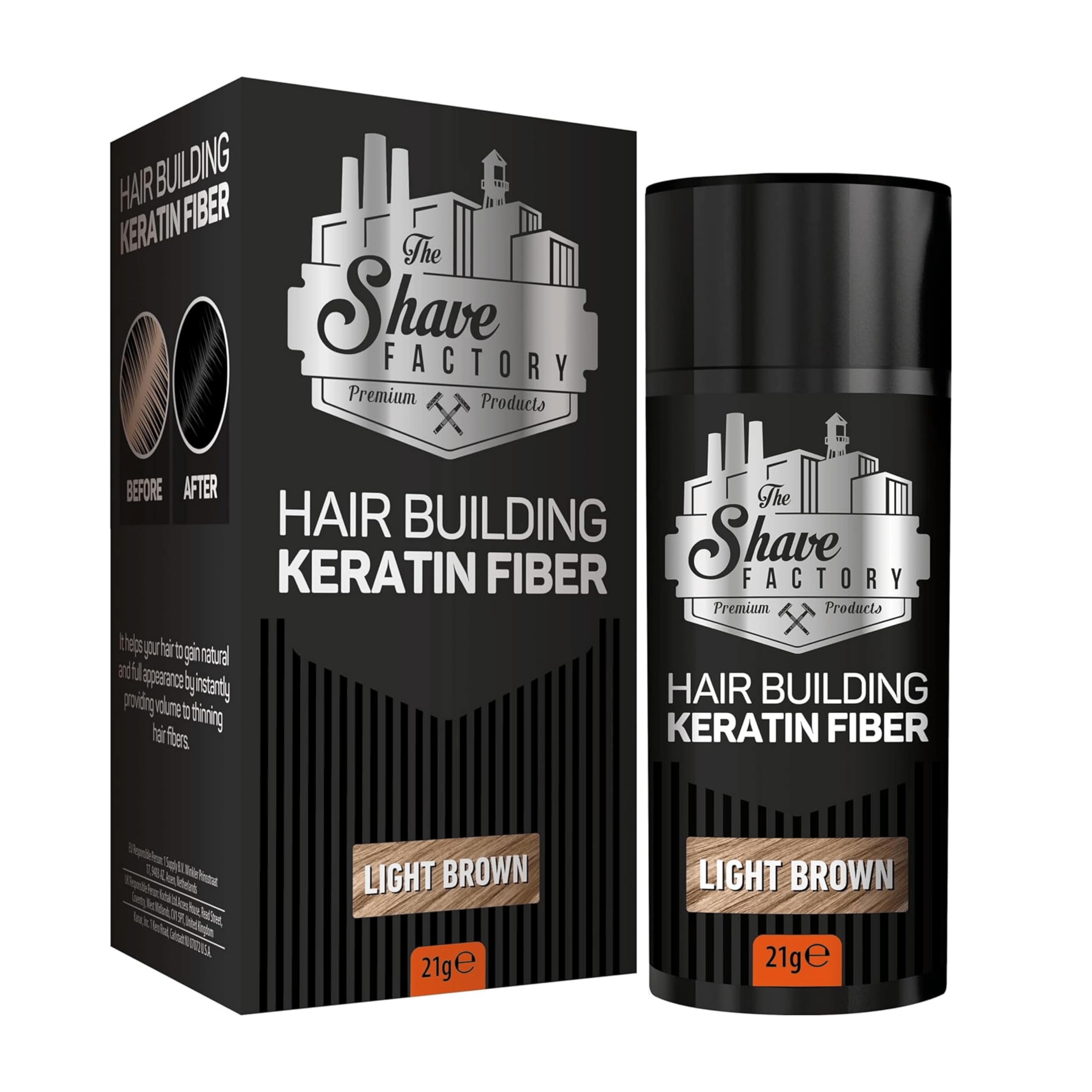 The Shave Factory Light Brown Hair Building Keratin Fibers 21g - Instant Thickener for Thinning Hair