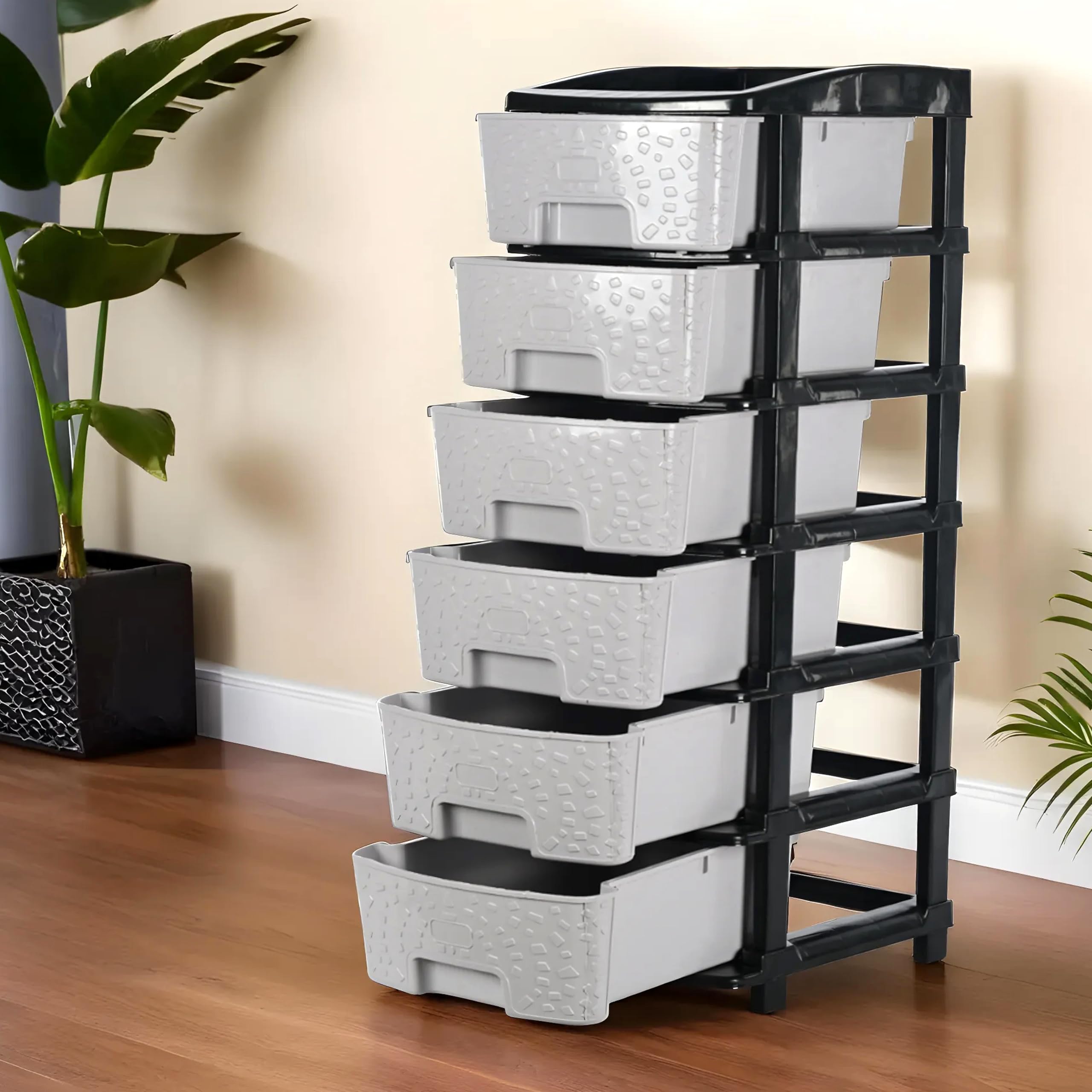 6-Layer & 63 Ltr Plastic Drawer Storage Organiser | Modular Kitchen & Toy Organizer For Kids Room | Black & Grey