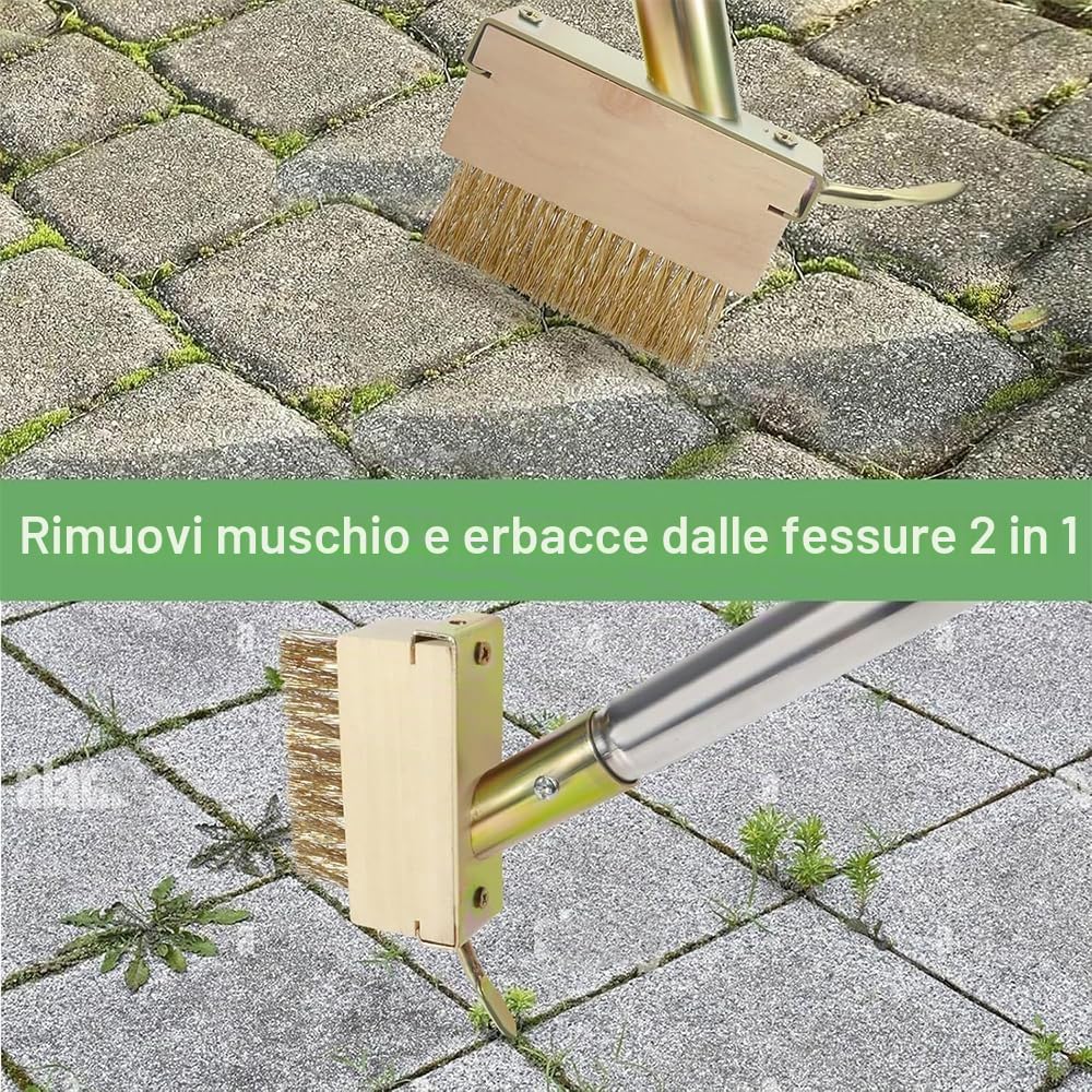 Spazzola per erbacce per fughe con manico, 2 pezzi spazzola per erbacce con raschietto per fughe, scopa per pavimentazione con bordo raschiante, spazzola per erbacce da giardino, scopa per fughe