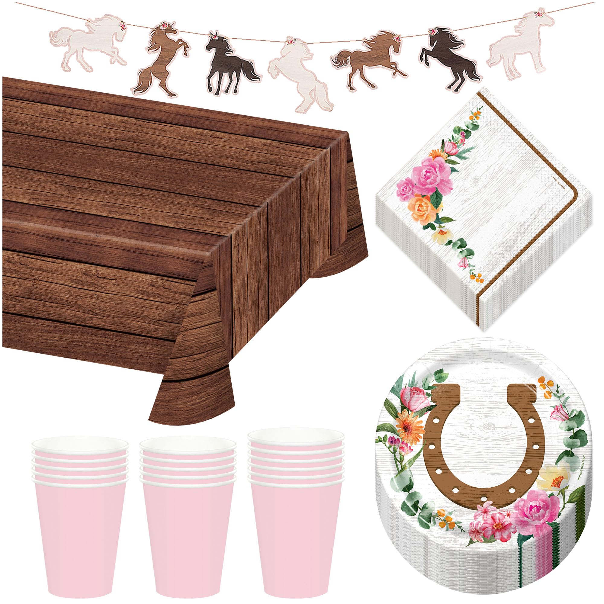 HOME & HOOPLA Saddle Up Horse Party Floral Horseshoe Paper Dessert Plates, Napkins, Cups, Table Cover, and Garland For Cowgirl Party Decorations (Serves 16)