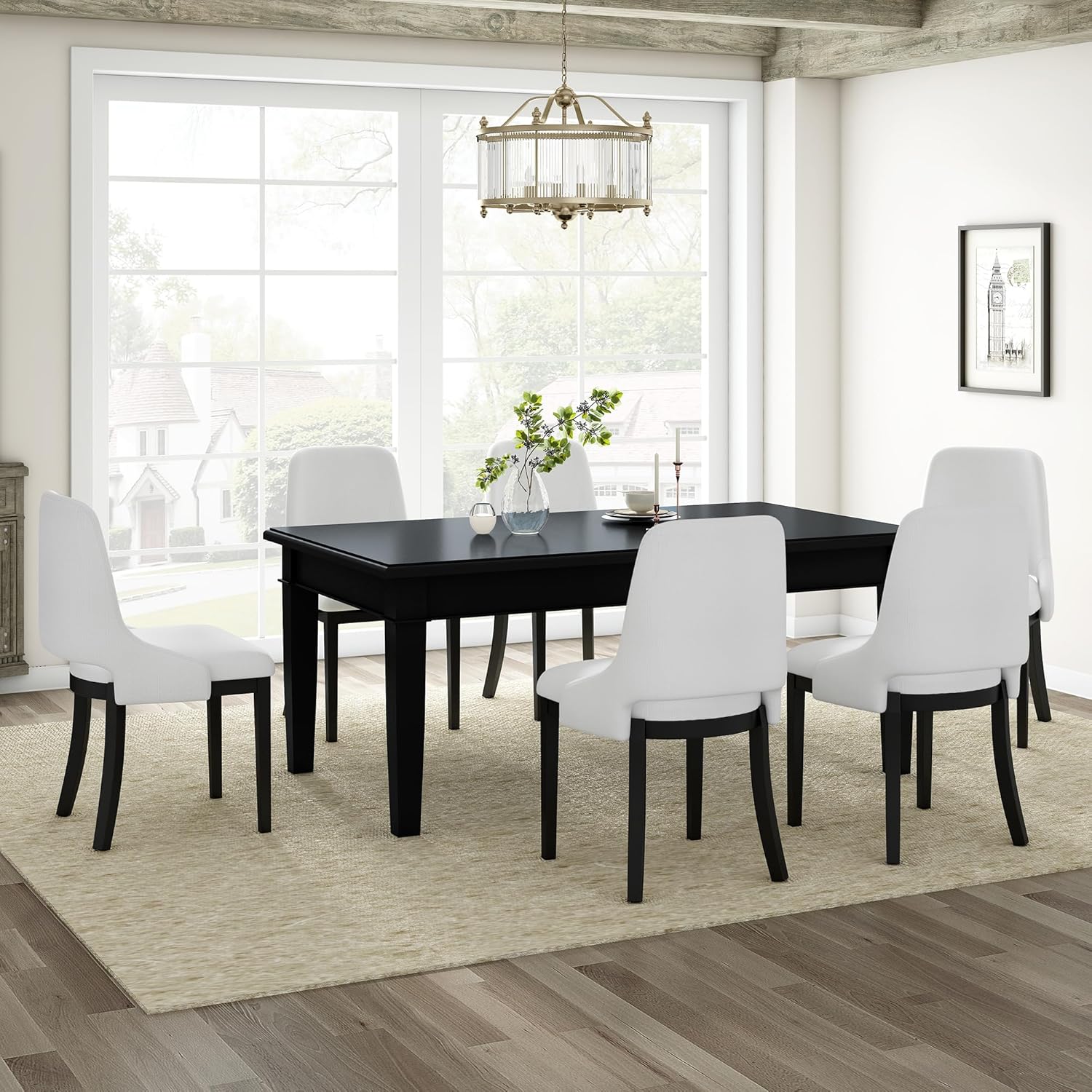 Wooden Dining Chairs Set of 2, Linen Upholstered Farmhouse Style Kitchen Chairs, Table & Chair Sets for Dining Room Living Room Office Desk Chair Seating,Black
