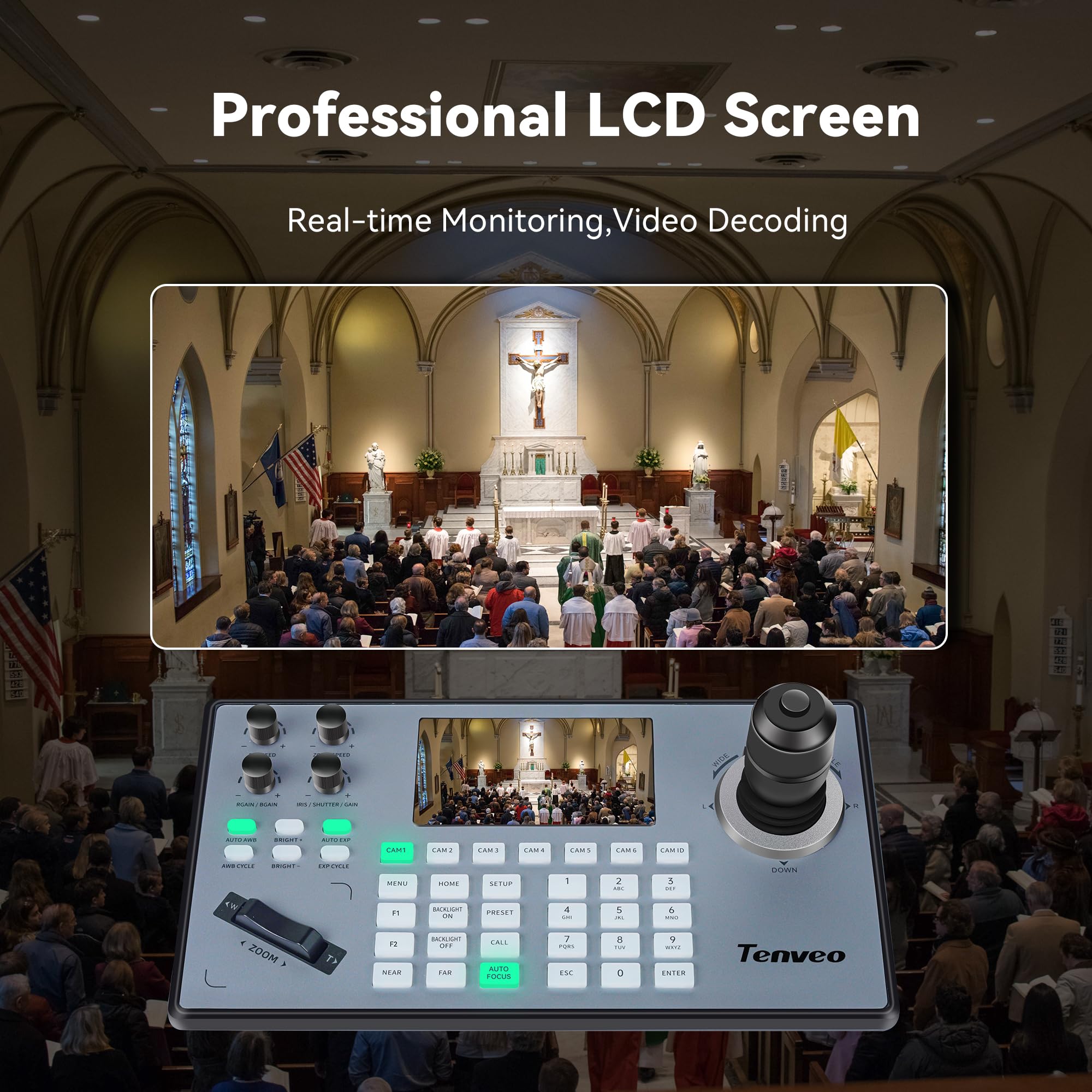 Tenveo PTZ Controller mit Joystick, Unterstützt VISCA,PELCO D/P-Protokoll,PoE/RS232/RS485/RS422/RJ45 Variable Speed 4D Joystick, Controller für Kirche Live Streaming
