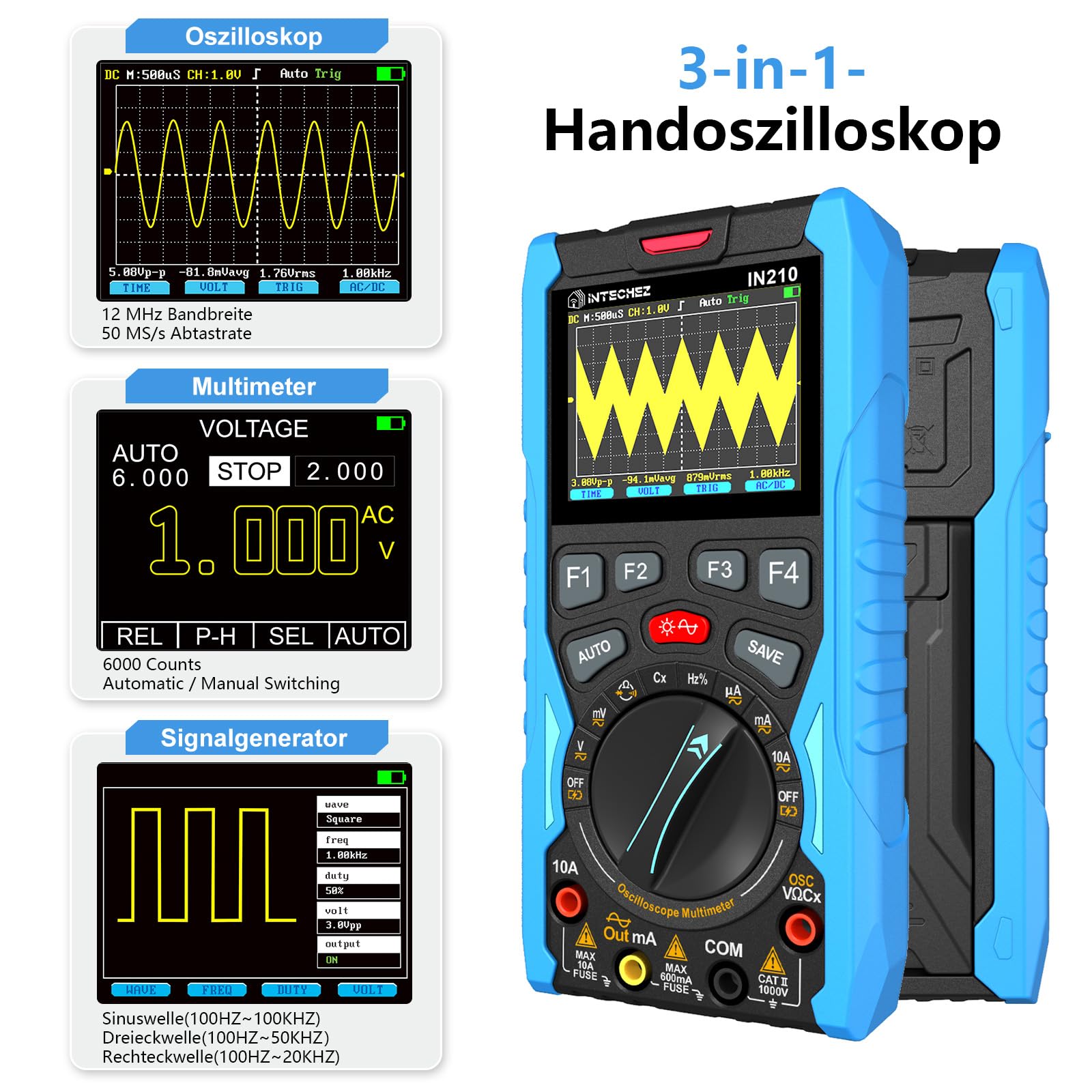 IN210 Digitales Oszilloskop-Multimeter – 12 MHz, 50 Msps, 6000 Counts, True RMS, Signalgenerator, 2,4"-Display, für Elektronikreparatur, Labor, DIY und Ausbildung