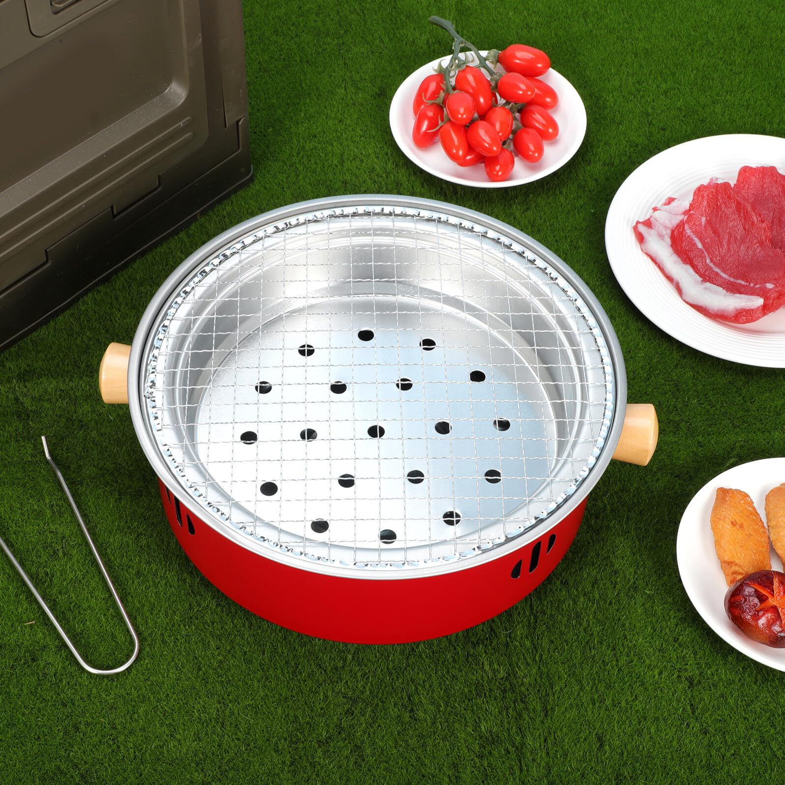 Barbecue Portatile a Carbone in Ferro Manici in Legno Mini Fornello da Tavolo per Esterni e Interni Set Compatto per Campeggio Picnic e Feste in Giardino Griglia Sollevabile e