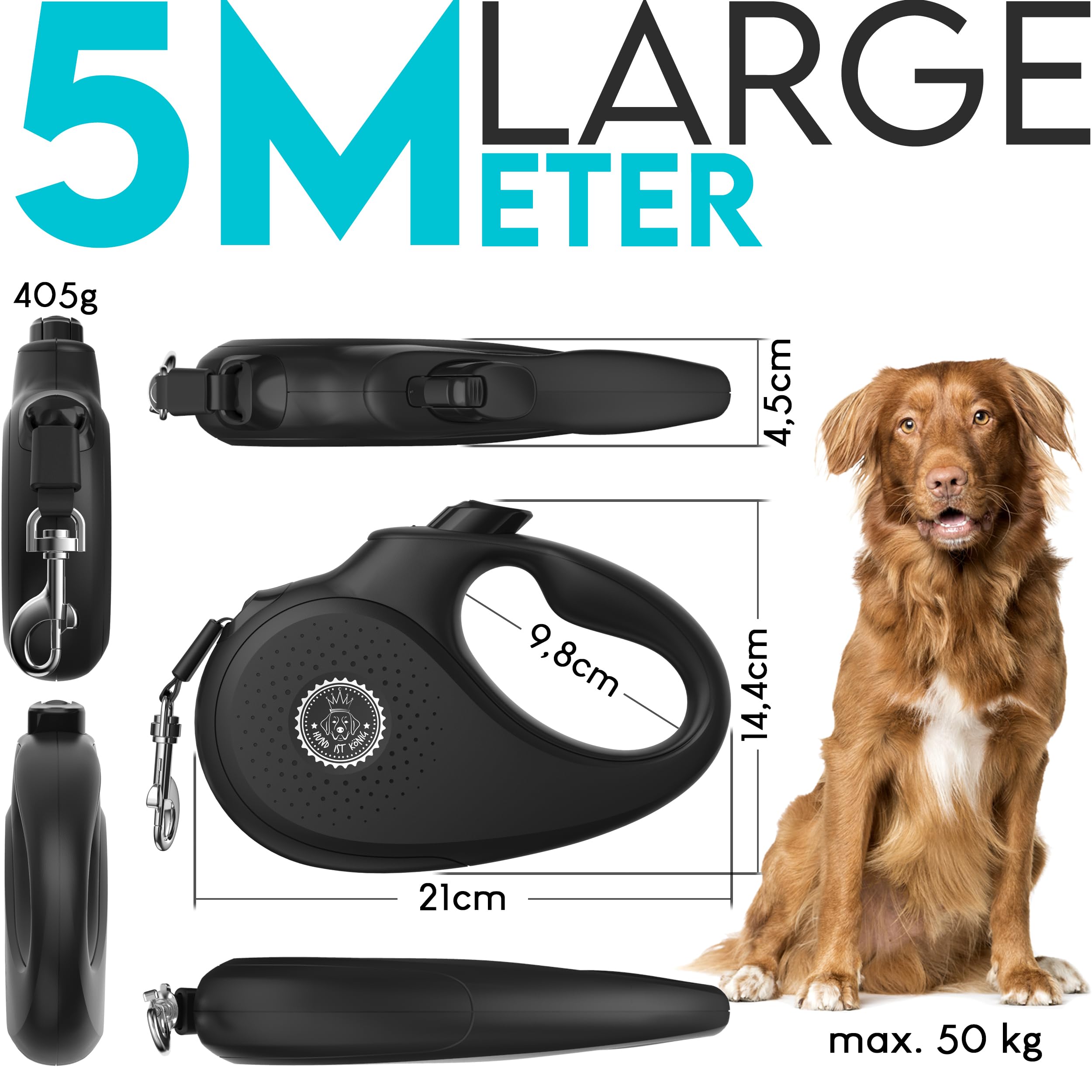HUND IST KÖNIG Guinzaglio per cani, 5 m, per cani di piccola e grande, di alta qualità, allungabile con comoda impugnatura, robusto guinzaglio estraibile, 15-50 kg
