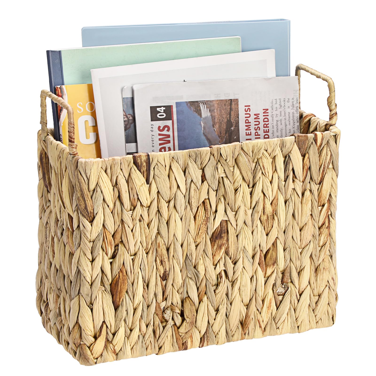 BTSKY Portariviste in vimini con manici, porta riviste in giacinto d'acqua intrecciato a mano, organizer per riviste, libri, giornali, tablet, in casa e in ufficio
