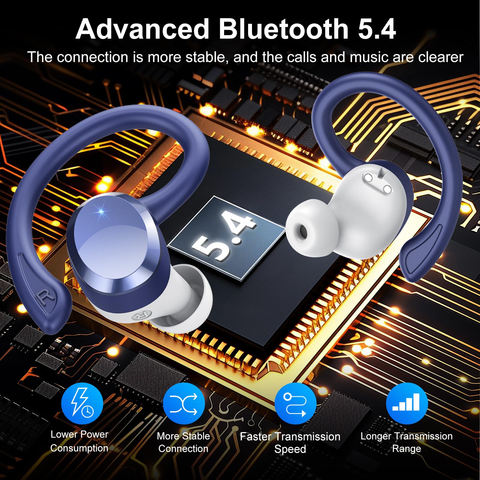 Ecouteurs Bluetooth sans Fil Sport, Headphones 5.4 HiFi Stéréo, Ecouteurs sans Fil avec ENC Mic, 54H Ecouteur Pour Courir, IP7 Étanche Écouteur, Oreillette Sans Fil, Casque Écran LED pour ios/Android