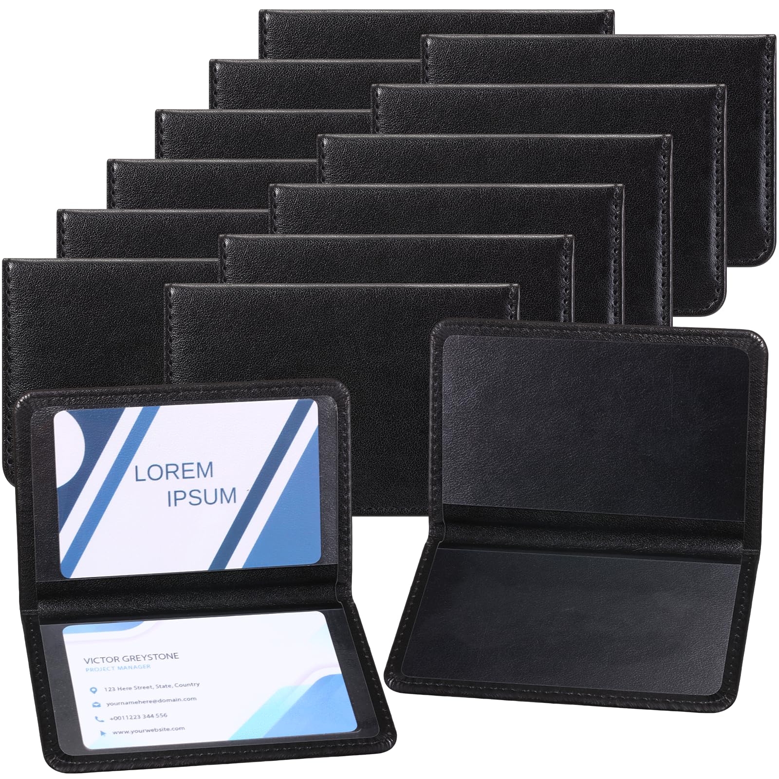 MotiMind 12 soportes plegables negros para tarjetas de visita, de piel sintética, soporte de plástico para tarjetas de visita, organizador de tarjetas de doble cara para hombres o mujeres, capacidad