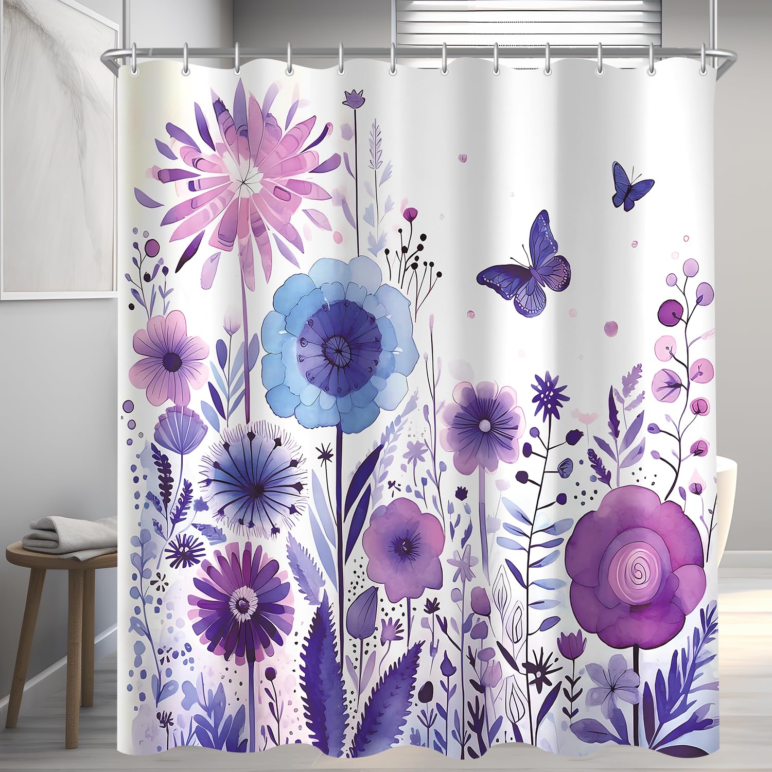 Lerores Shower Curtain, 180 x 200 cm, Purple Flower Butterfly, Weighted Hem, Anti-Mould, Water-Repellent