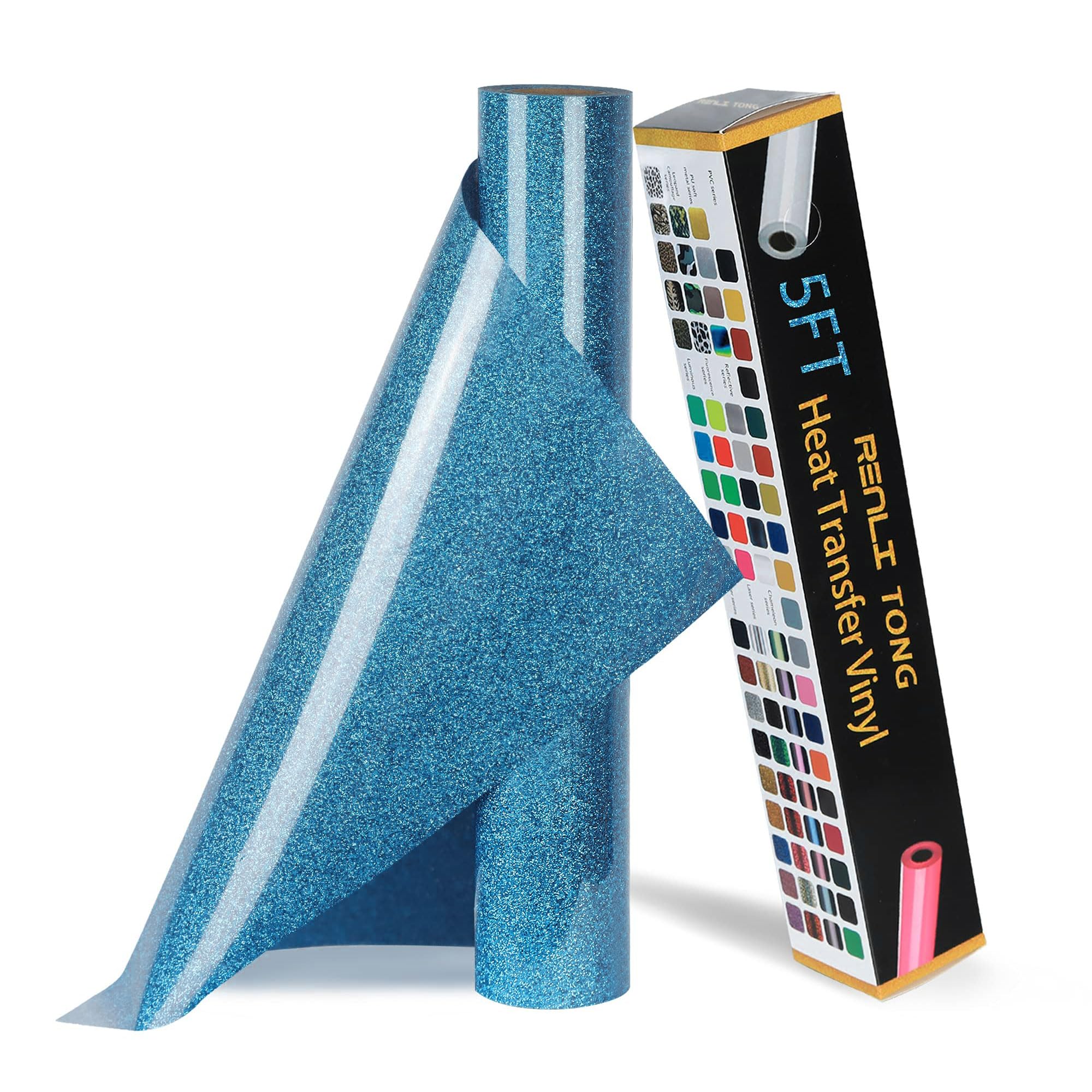 RENLITONG Sky Blue Glitter HTV Heat Transfer Vinyl Rolls - 12 Inch x 5 feet Iron on Vinyl for T-Shirt and Silhouette, Easy to Cut &amp; Weed for Heat Transfer Design (Glitter Sky Blue)