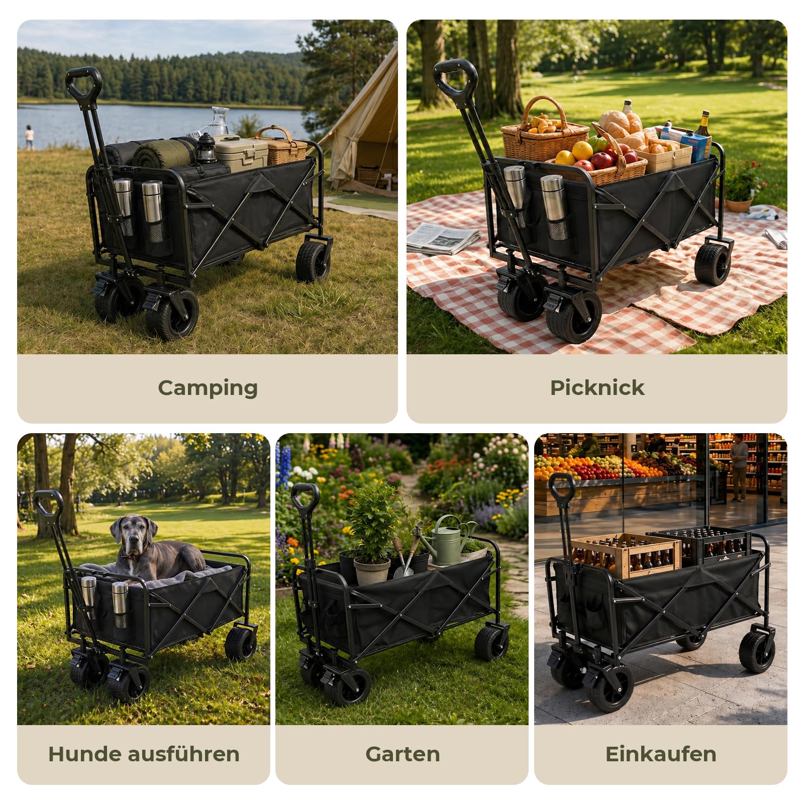 Bollerwagen Faltbar 200L 160KG 84x48x100cm Breite Reifen 360° All-Terrain-Rädern Handwagen