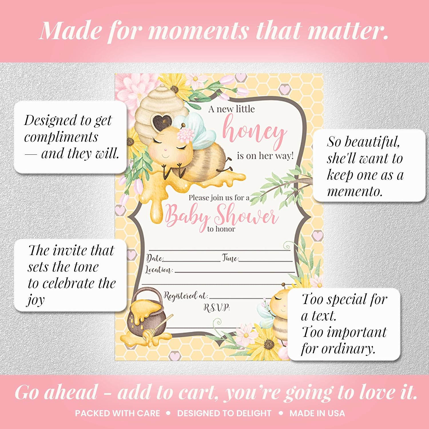Amanda Creation Honey Baby Shower Invites for Girls, 20 5x7 Double Sided Fill In Bee Baby Shower Invitations with Twenty White Envelopes Cards It’s a girl