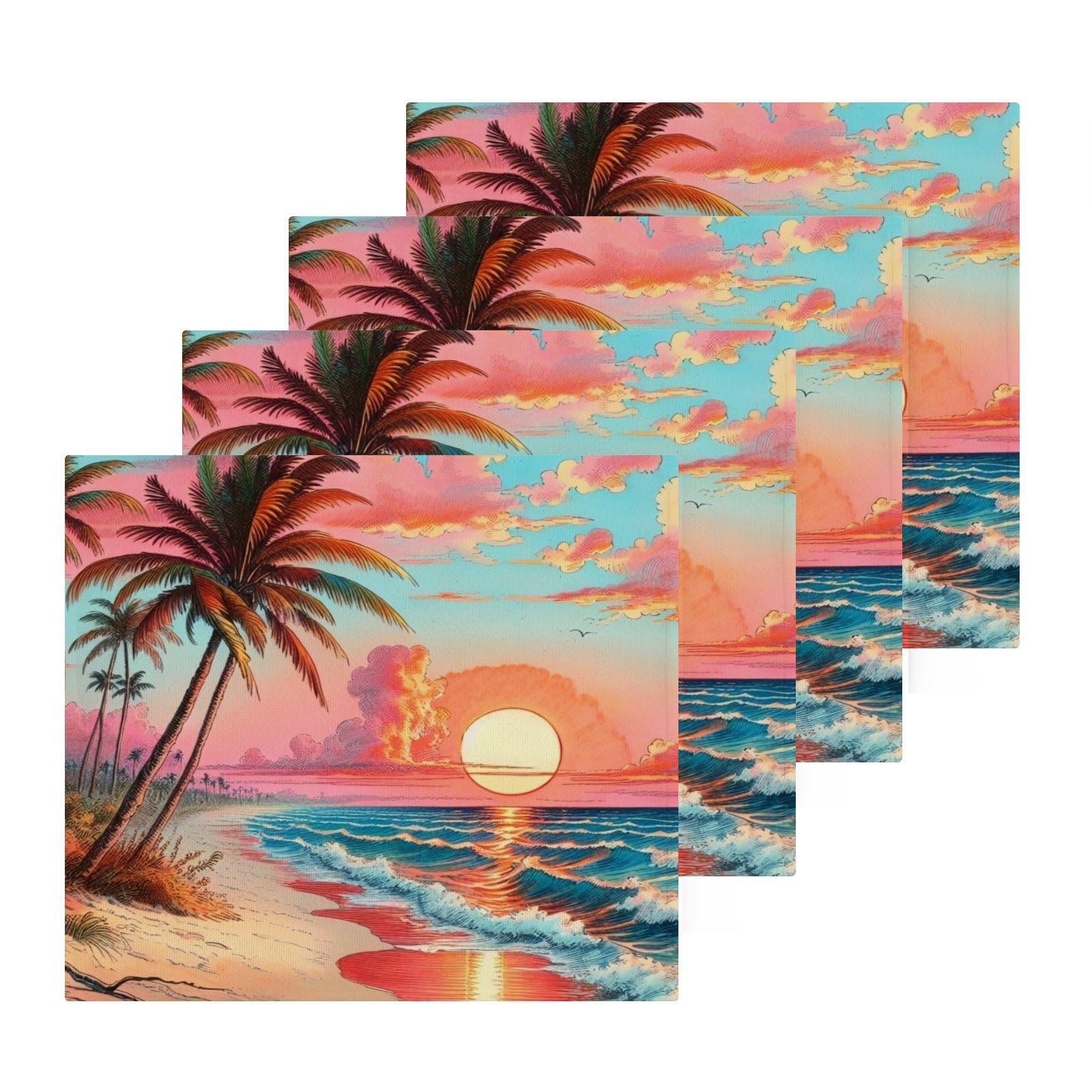 YANENDIE Watercolor Sunset Beach Washcloths Towels, Highly Absorbent and Soft Cotton Face Cloths, 4 Pack Quick Dry Wash Cloths - 12 X 12 Inches