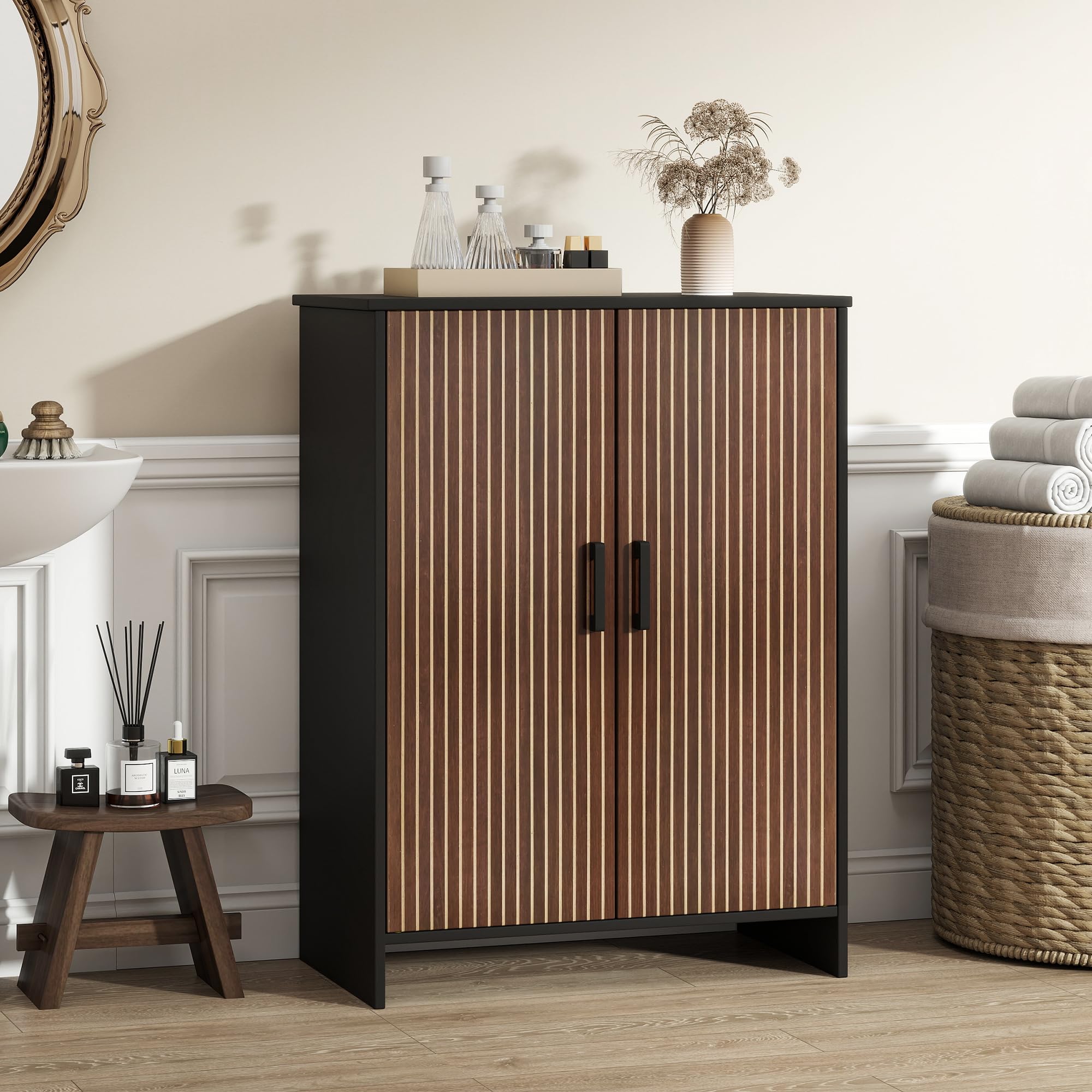 Waschbeckenunterschrank, Badezimmerschrank Schwarz,Gerippt, 2 Böden