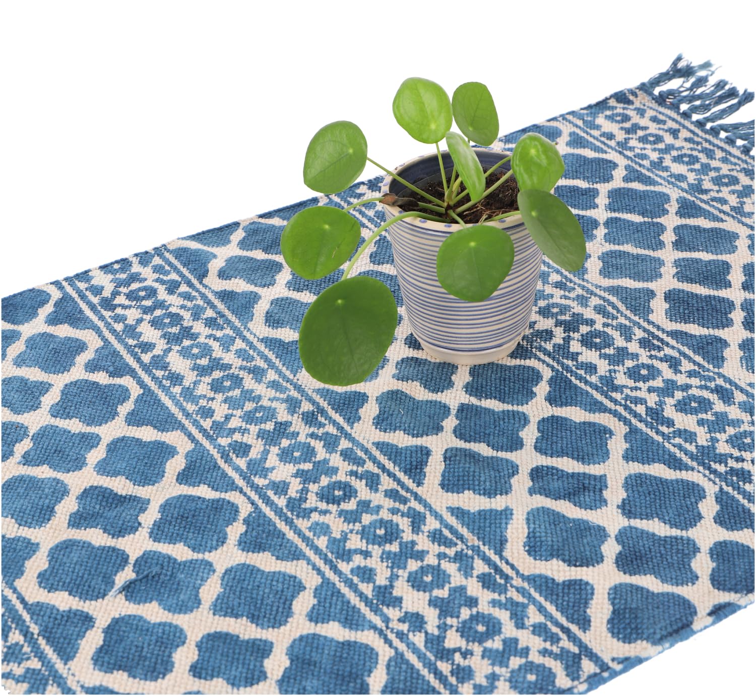 Handgewebter Blockdruck Teppich, indischer Baumwollteppich, indigo #1