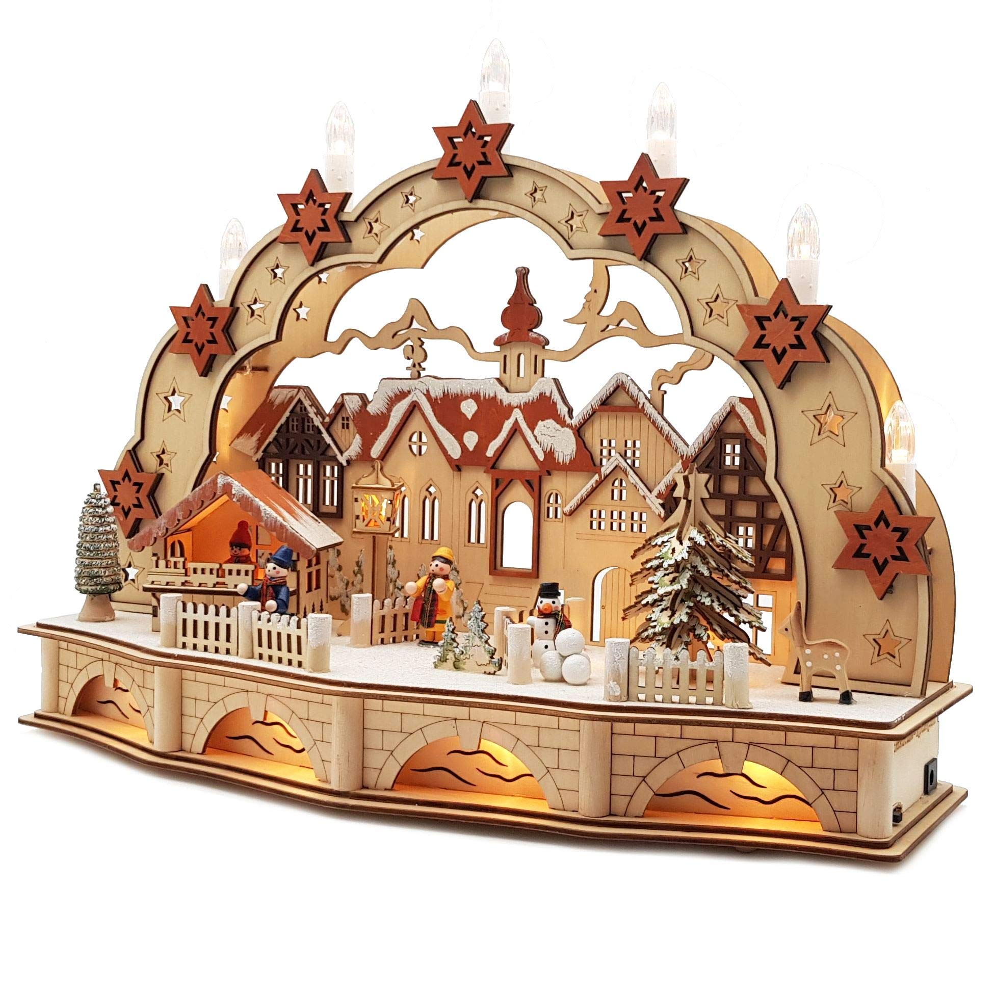 Wichtelstube-Kollektion Holzkunst LED Schwibbogen mit Sockel innenbeleuchtet Weihnachtsmarkt Schwippbogen Lichterbogen Batteriebetrieben mit Timer, Echtholz, 45cm Breite