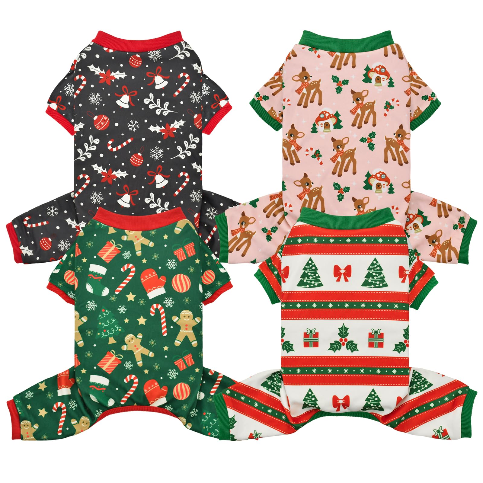 Vehomy 4-Pack Christmas Pajamas for Dogs - Warm Fleece Xmas Clothes, Jammies, Onesie Outfit Costume for Small Medium Dogs, Puppies, Cats - XS