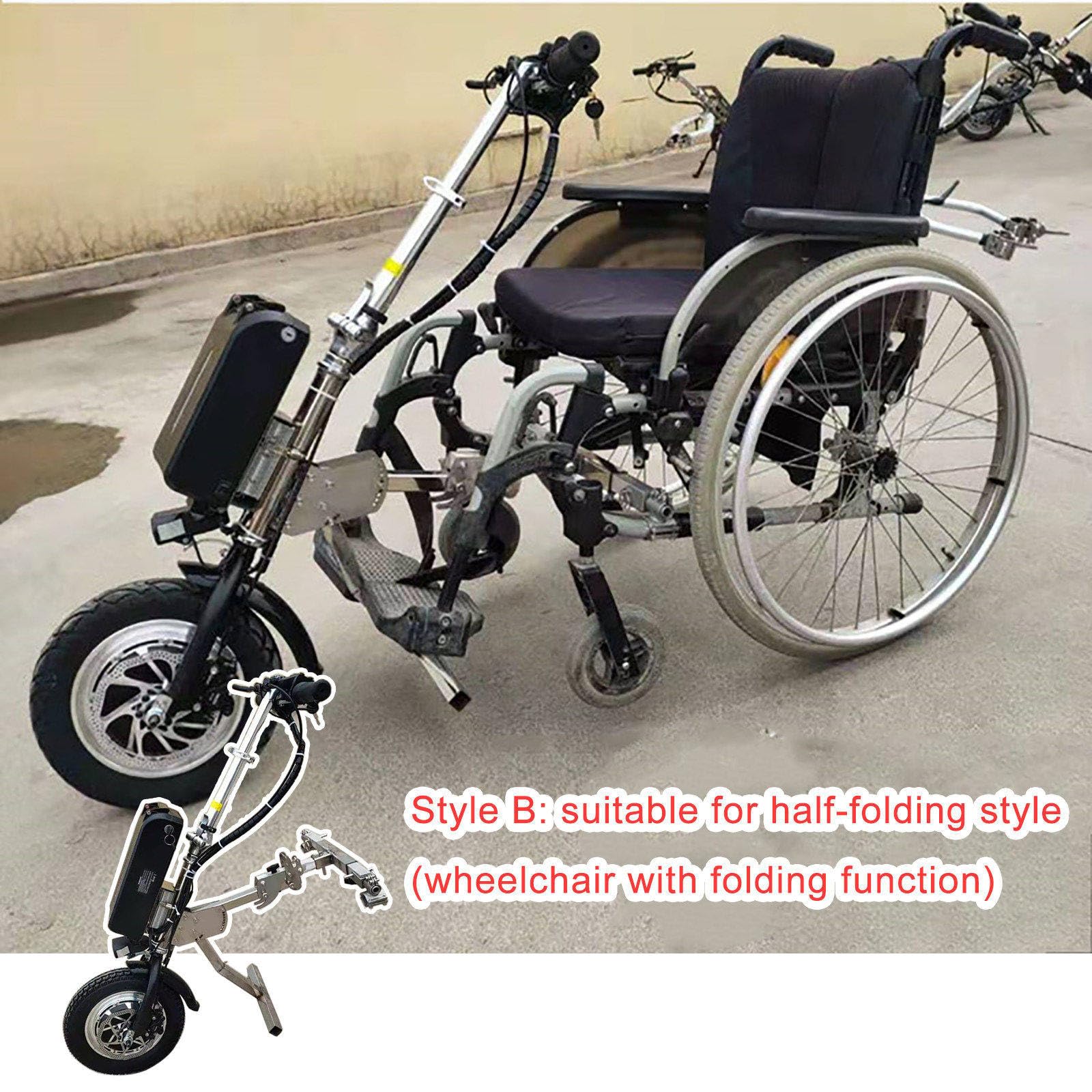 Dispositivo de tracción para silla de ruedas de 500 W (manillar y estabilizadores mejorados), 3 velocidades, con luz delantera y amortiguador,batería de 48 V, 15/17 Ah, autonomía de 60/70 km,B17Ah