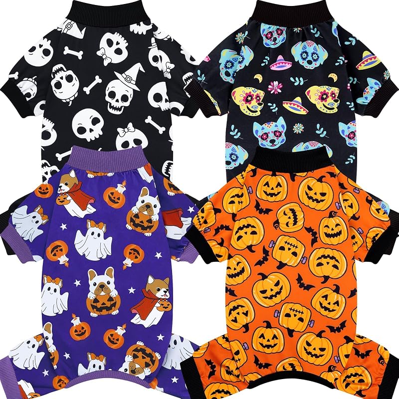 Roupinhas de Halloween para Cães Pequenos XPUDAC, Pijamas com Estampas de Esqueletos, Fantasmas e Abóboras, Tamanho L, Pacote com 4