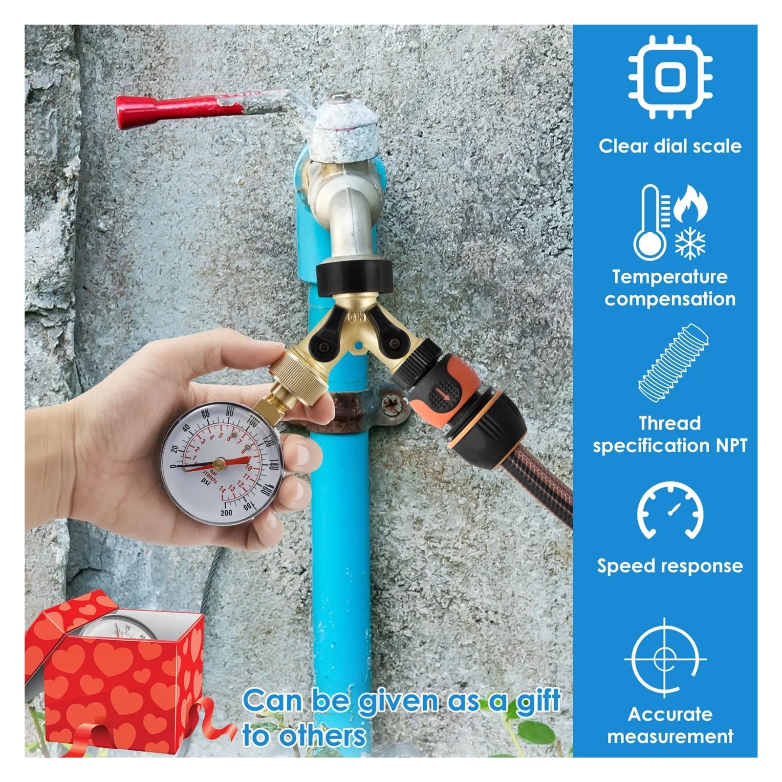 Manometro Manometro Prova Acqua TS-60-200 PSI Pompa per Tubo Flessibile Rubinetto Giardino