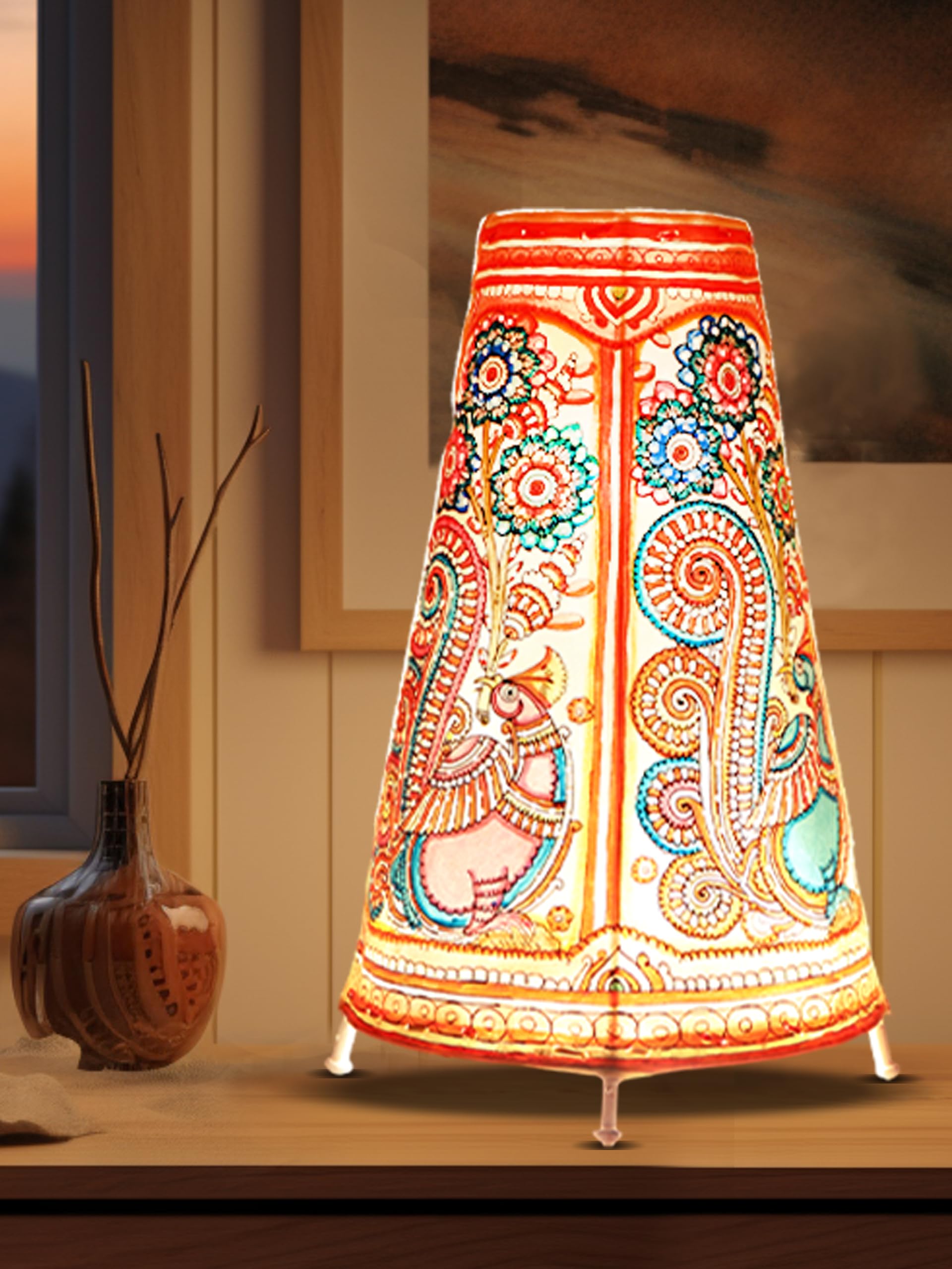 SHILP KATHA Handicraft Leather Table Lamp for Home Decoration | Handmade Side Table Lamp Shade for Bedroom Decor | Decorative festival gift for Living Room, Desk, Spiritual Décor | Multicolor Birds