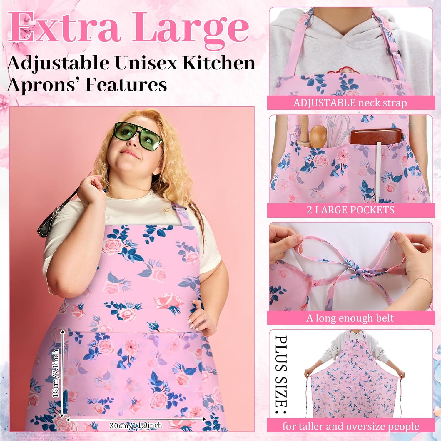 2 Pack Plus Size Floral Aprons Women Adjustable Vintage Kitchen Chef Apron with 2 Pockets for Cooking, Work, Baking, 35.43 x 39.37 Inch(Pink,Black,Floral) - Image 3