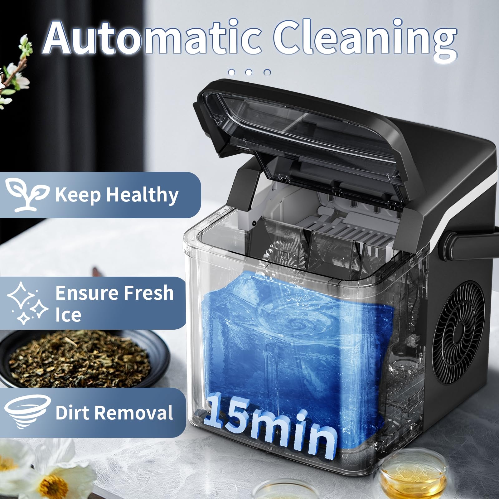 Ice Maker Countertop, Portable Ice Maker Machine, 26.5lbs/24h, 9pcs/6mins, 2 Sizes Of Bullet Ice, Self-Cleaning, Basket And Scoop, Ideal For Home/Office/Outdoor Use, Black on Fridge.com - View 5