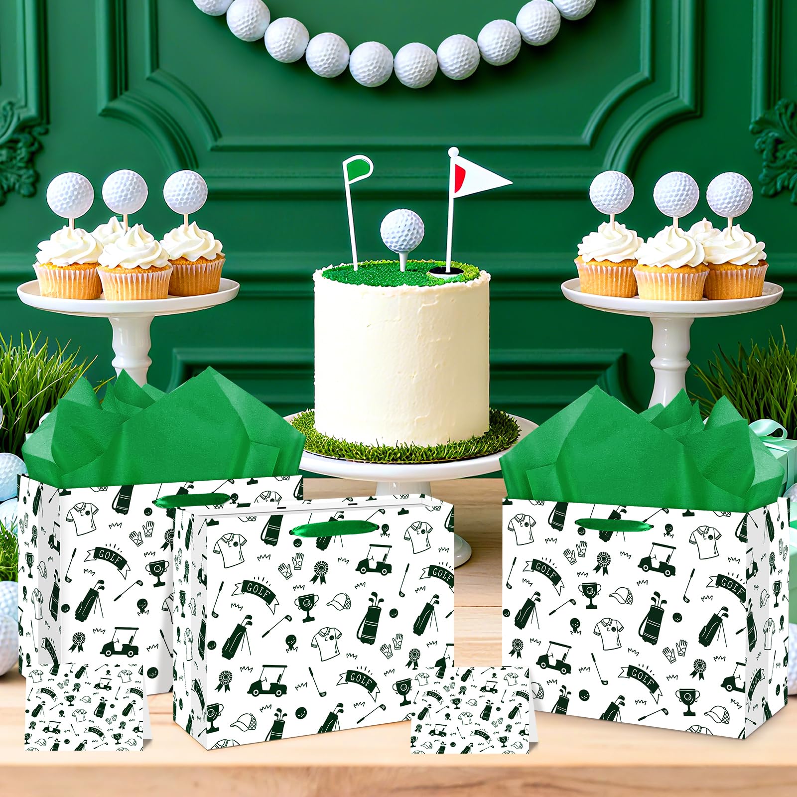 Wayyogh Golf Gift Bag for Boys & Men - Golf Theme Birthday Gift Wrapping Bag with Tissue Paper, Greeting Card, Decorations - Sports Party Favors - Green, 30 x 24 x 13.5cm