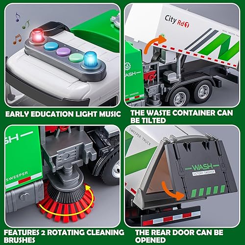 Miniatura 9 de Camión de basura de juguete para niños, camión de basura grande de 12 pulgadas con luces y sonidos, camión de reciclaje de gestión de residuos
