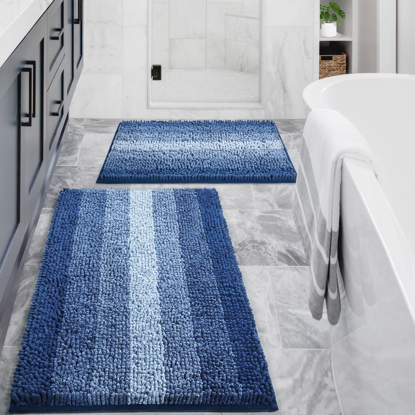 Gibelle Blue Bathroom Rug Set 2 Piece, Chenille Non Slip Bath Mat Set, Absorbent Shower Rug and Bath Room Floor Mats, Quick Dry Bathmat Bathroom Decor