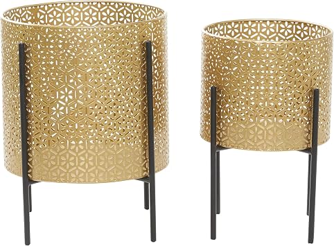 CosmoLiving by Cosmopolitan Metal Indoor Outdoor Planter Floral Cutout Small Planter Pot with Removable Stand, Set of 2 Planters 15, 14H, Gold