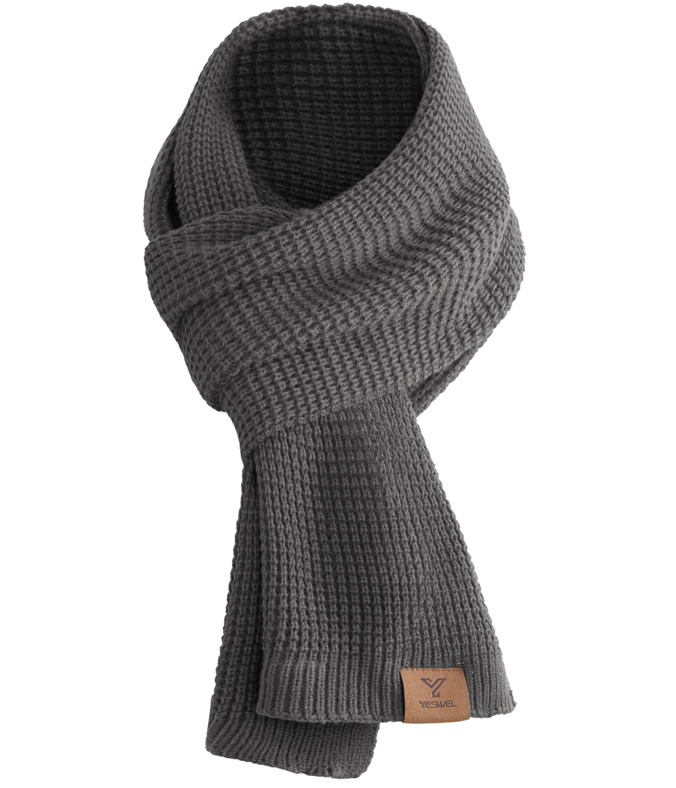 YESWEL Winterschal Herren & Damen – Dicker Warmer Waffelstrick-Schal, Weicher Langschal Unisex mit Echter Leder-Veredelung für Herbst & Winter, 175 x 28 cm