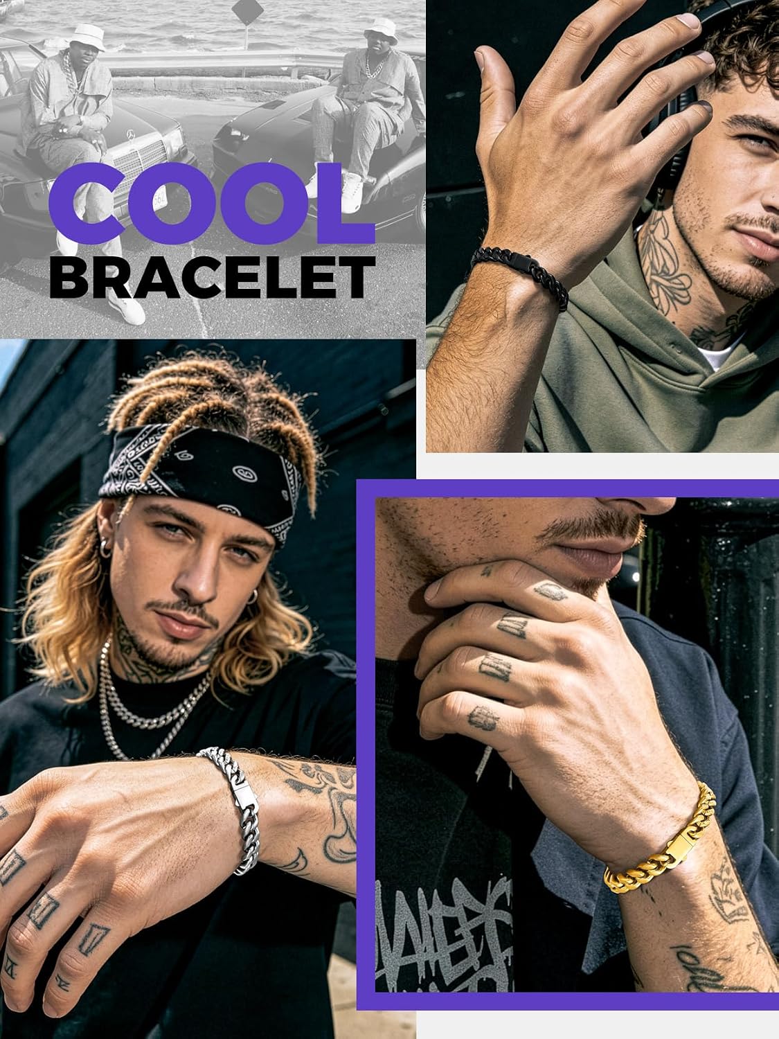 Richsteel Miami Cuban Link Chain Bracelet for Men, Silver/Black/14K Gold Plated Stainless Steel Bracelets for Men, 5/7/9/12mm Width, 7.4/8.2/9 Inch Length Metal Chain Bracelet Hip Hop Jewelry