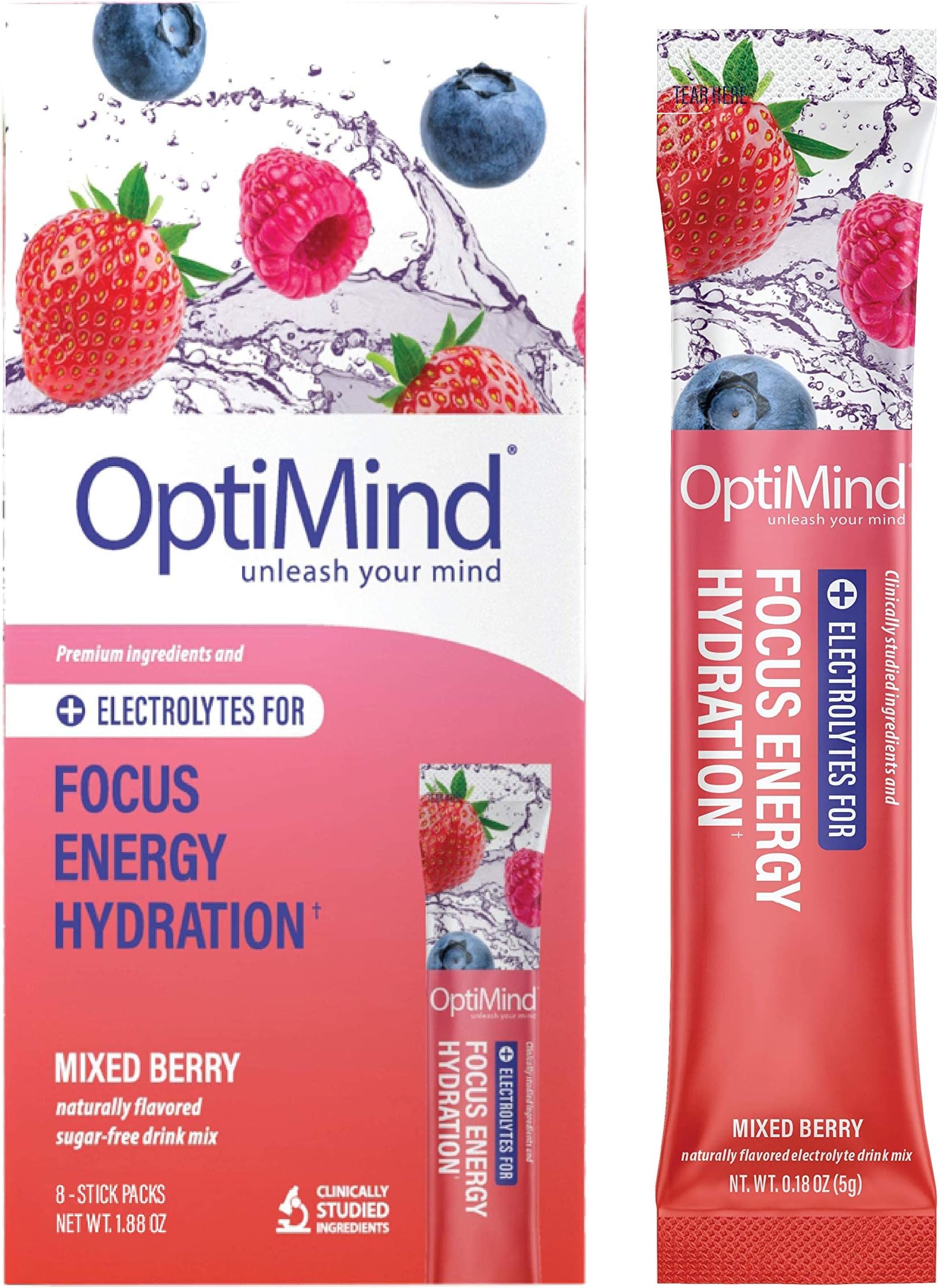 OptiMind Focus + Energy | Sugar-Free, Electrolyte Water Enhancer with Nootropics, Vitamins, & Energy | Focus, Energy, Hydration | Clean Caffeine | Natural Mixed Berry Flavor Water Flavoring | 8 Pack