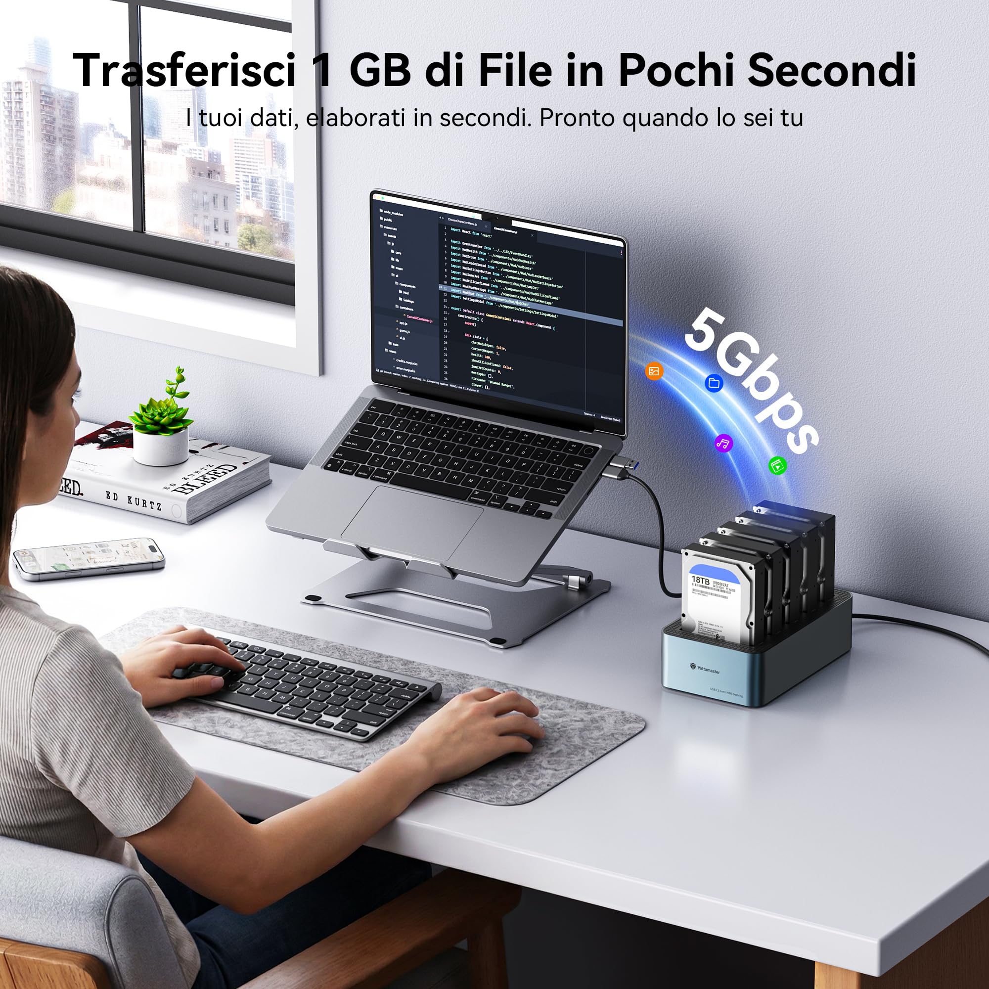Yottamaster 5 Bay Offline Cloning Hard Drive Docking Station Aluminium per 2.5/3.5 pollici, USB 3.2 Gen1 SATA SSD/HDD Docking Station con Alimentazione 12V 6.5A, Supporta 5x20TB