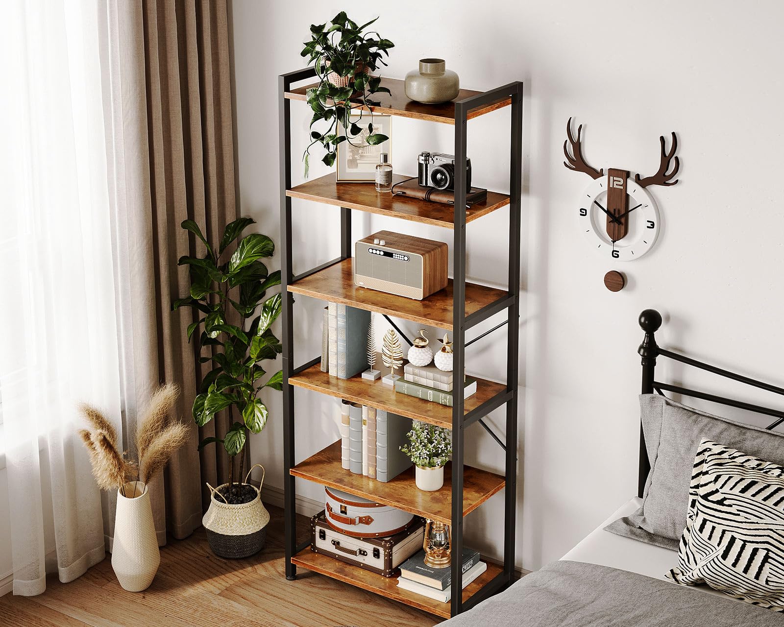 Coleshome 6 Ebenen Bücherregal, Industrie Regal 177cm Braun | Regal 51cm Kippschutz Kompakt Platzsparend Präsentieren Bücher Pflanzen Deko Wohnzimmer Schlafzimmer Büro