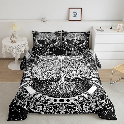 Miniatura 1 de Erosebridal Juego de ropa de cama de polilla de la muerte, juego de edredón bohemio de 3 piezas con diseño de árbol de la vida, edredón elegante de