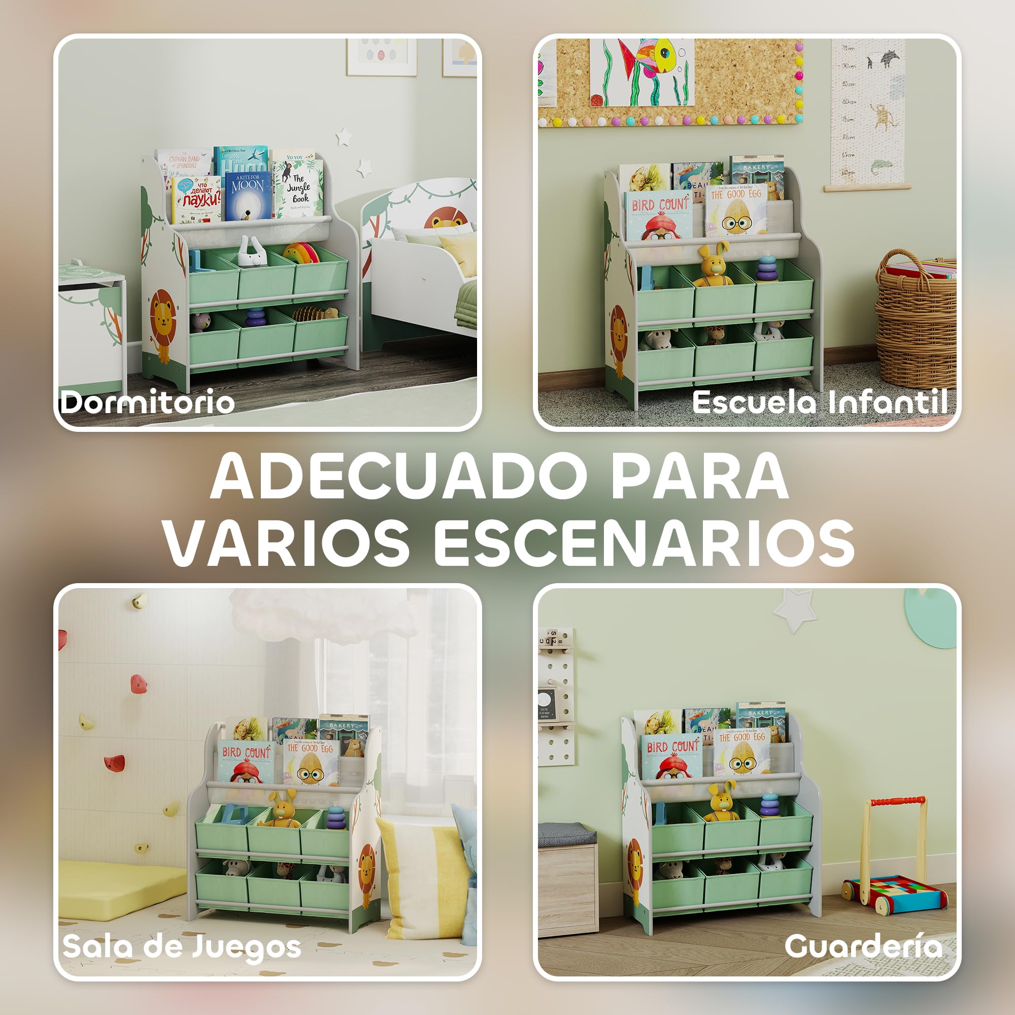 AIYAPLAY Estantería Infantil para Juguetes, con 6 Cajas Extraíbles de Tela no Tejida, Organizador de Juguetes con 2 Estantes, para Habitación Infantil, Sala de Juegos, Guardería, 63x30x71 cm, Verde