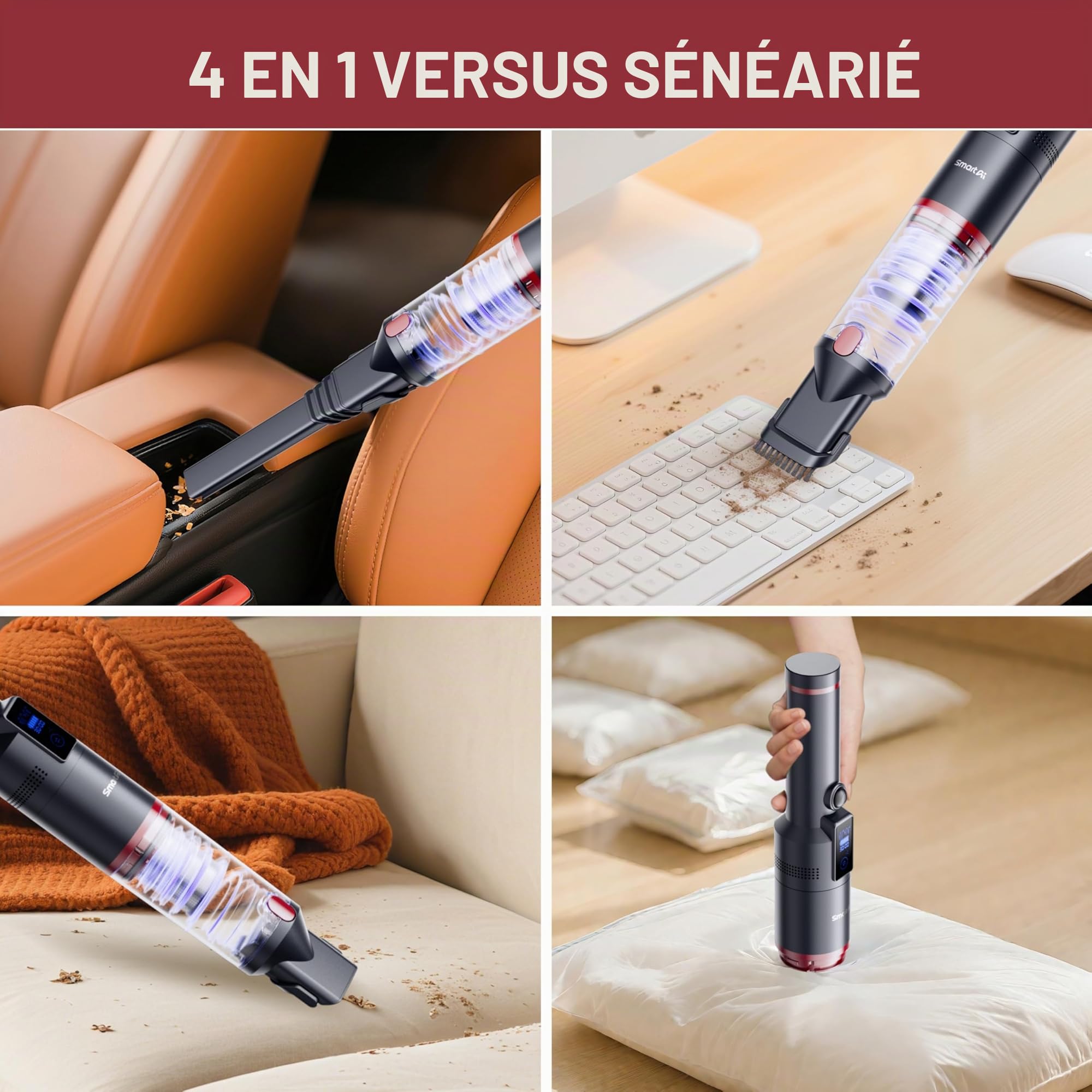 Aspirateur à Main 17000Pa LED sans Fil Autonomie de 30 Minutes Sac Aspirateur léger sans Fil pour Voiture, Maison, Camping-Car, Poils d'animaux avec Support de Charge, Charge de Type C
