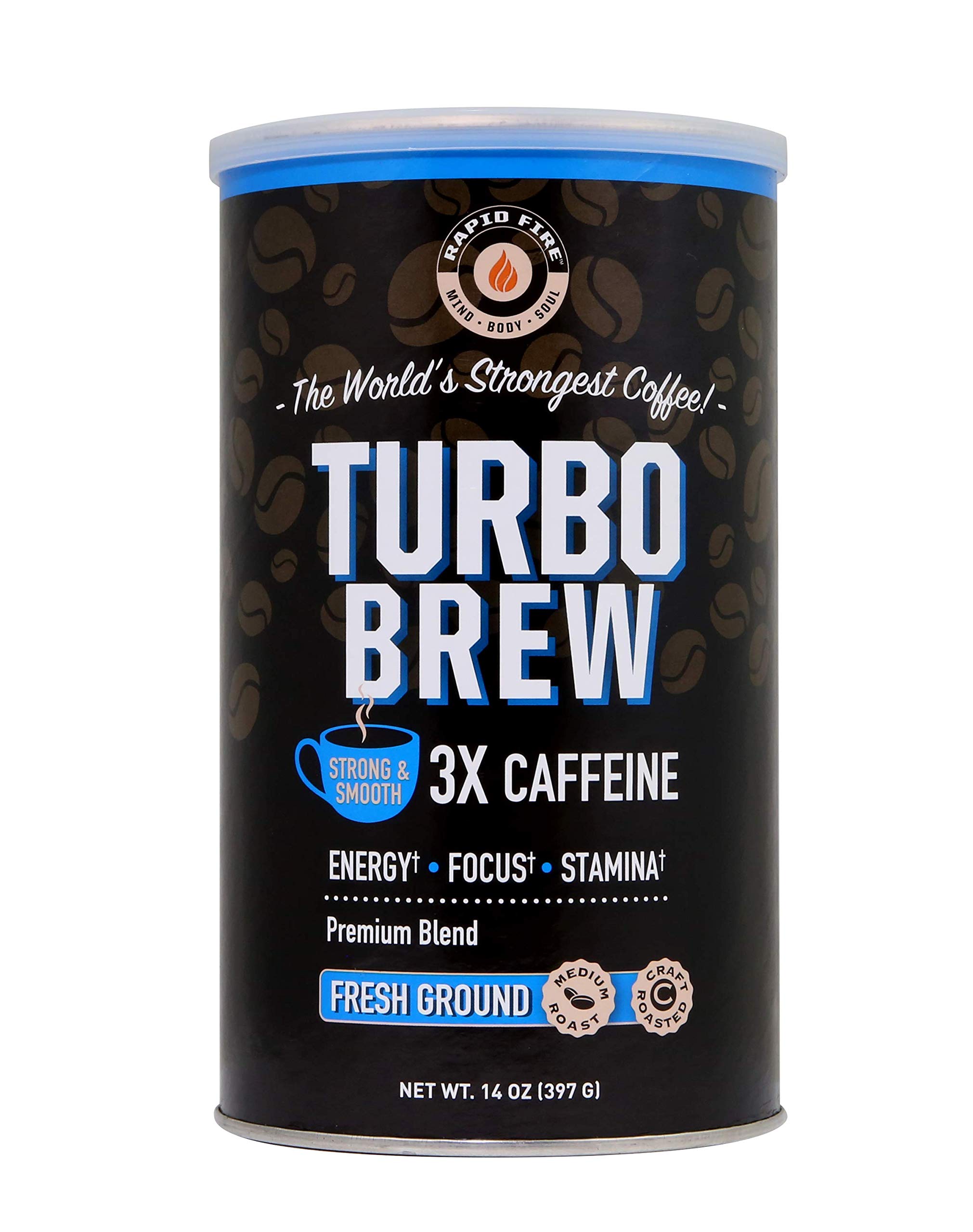 Rapid Fire Turbo Brew Ground Coffee, RFA Approved, 3X Caffeine, Supports Energy Focus & Stamina, 14 oz