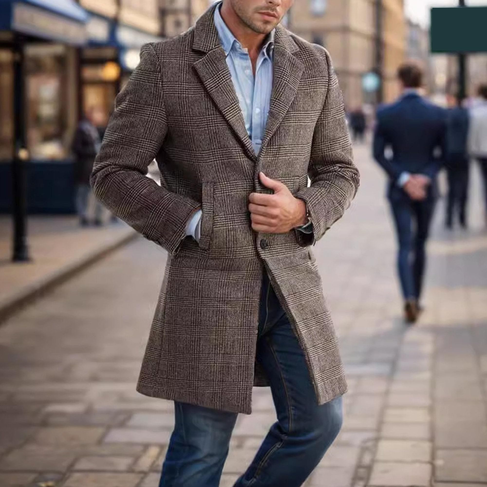 Cappotto in tweed da uomo, monopetto, trench invernale, cappotto con revers a lancia, giacca calda con tasche