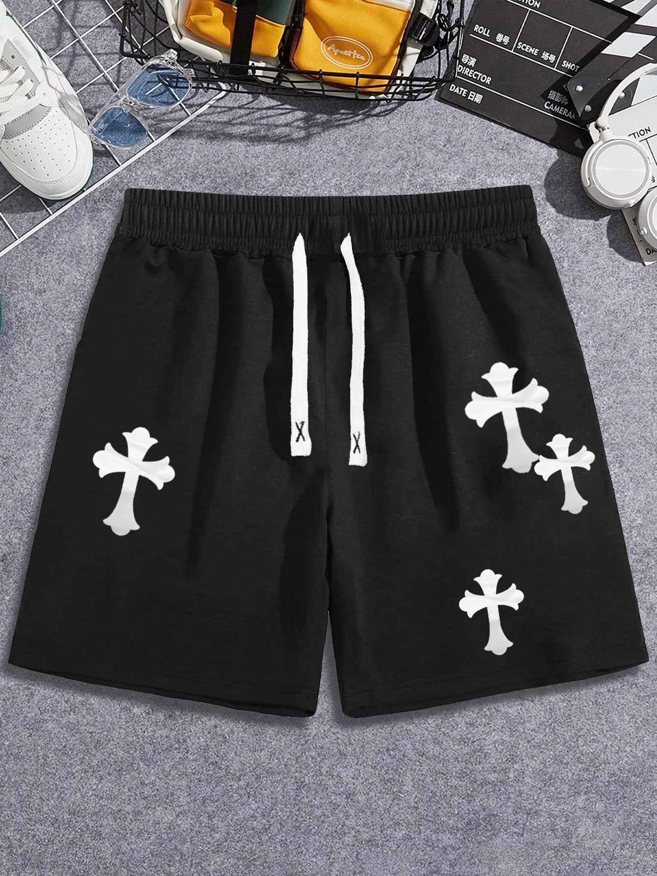 Floerns Pantalones cortos de entrenamiento para hombre con cordón en la cintura y estampado cruzado
