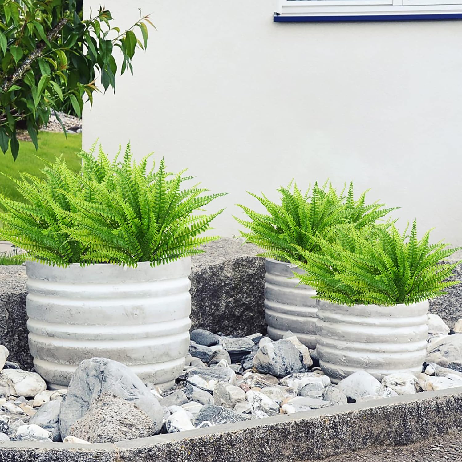 Uieke 24 PCS Artificial Ferns for Outdoors, Fake Boston Fern Plants Greenery Outdoor UV Resistant Bushes Plastic Plants Shrubs for Window Box Front Porch Garden Decor