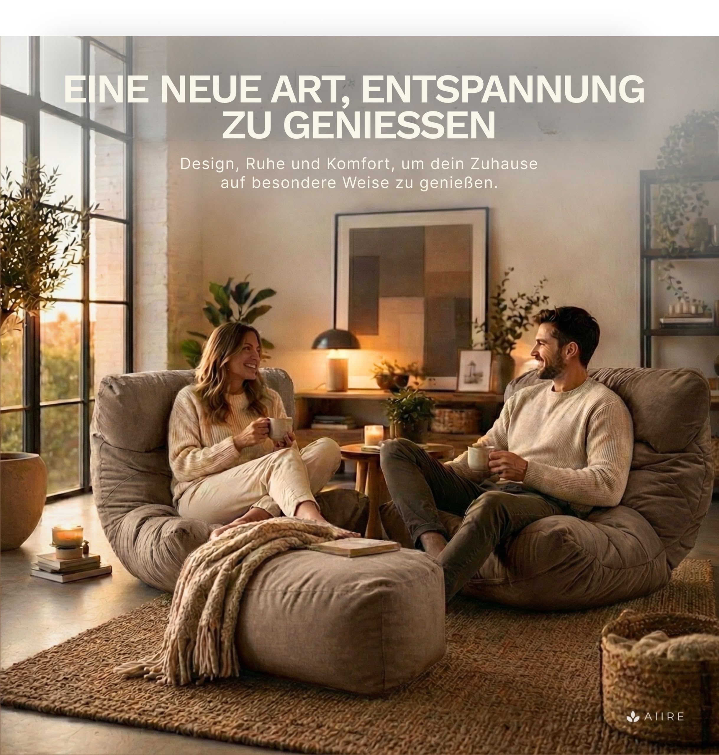 Aiire Relaxo Sitzsack XXL für Kuschelecke - Bean Bag Design mit Füllung - Riesen Sitzsäcke Erwachsene, Sitz Sack Flauschig - Bodenkissen Grob, Bodenstuhl, Bodensessel Braun