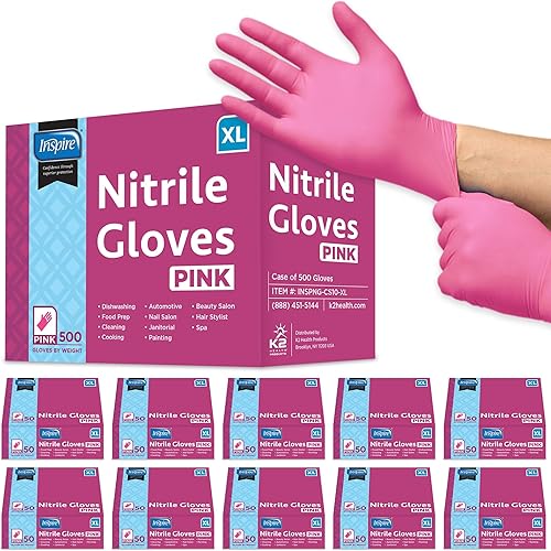 Inspire Guantes desechables sin látex  Guantes de nitrilo rosa para peluquería y uñas, guantes desechables de nitrilo esteticista
