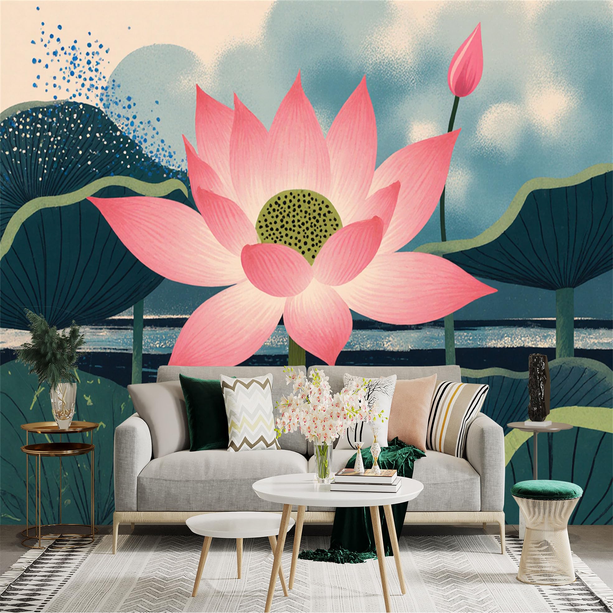 Custom Size Wall Sticker Mural， Pink Lotus Flower in Pond， Zen Aquatic Plant Art， Botanical Water Lily Decor， for wall Decoration， peelandstick wall Decals.