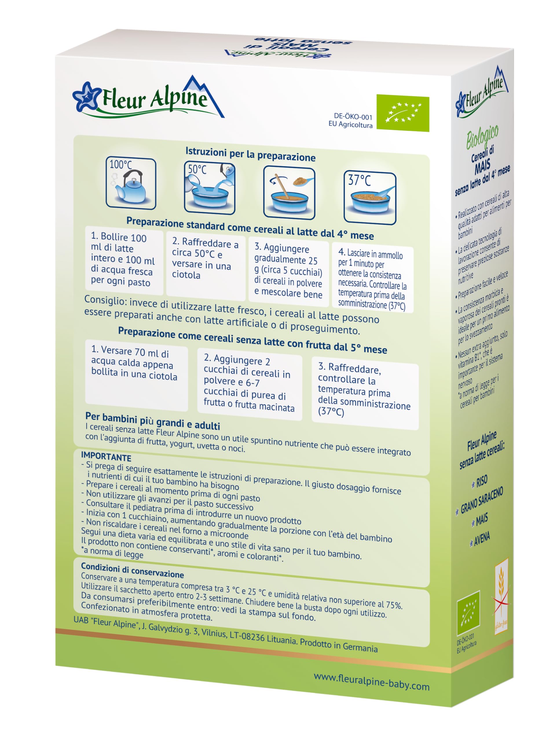 FLEUR ALPINE Confezione da 2 porridge di mais biologico per neonati - Colazione deliziosa - Preparazione facile - Alimenti per bambini dai 4 mesi in su senza zuccheri aggiunti - 2x7 porzioni