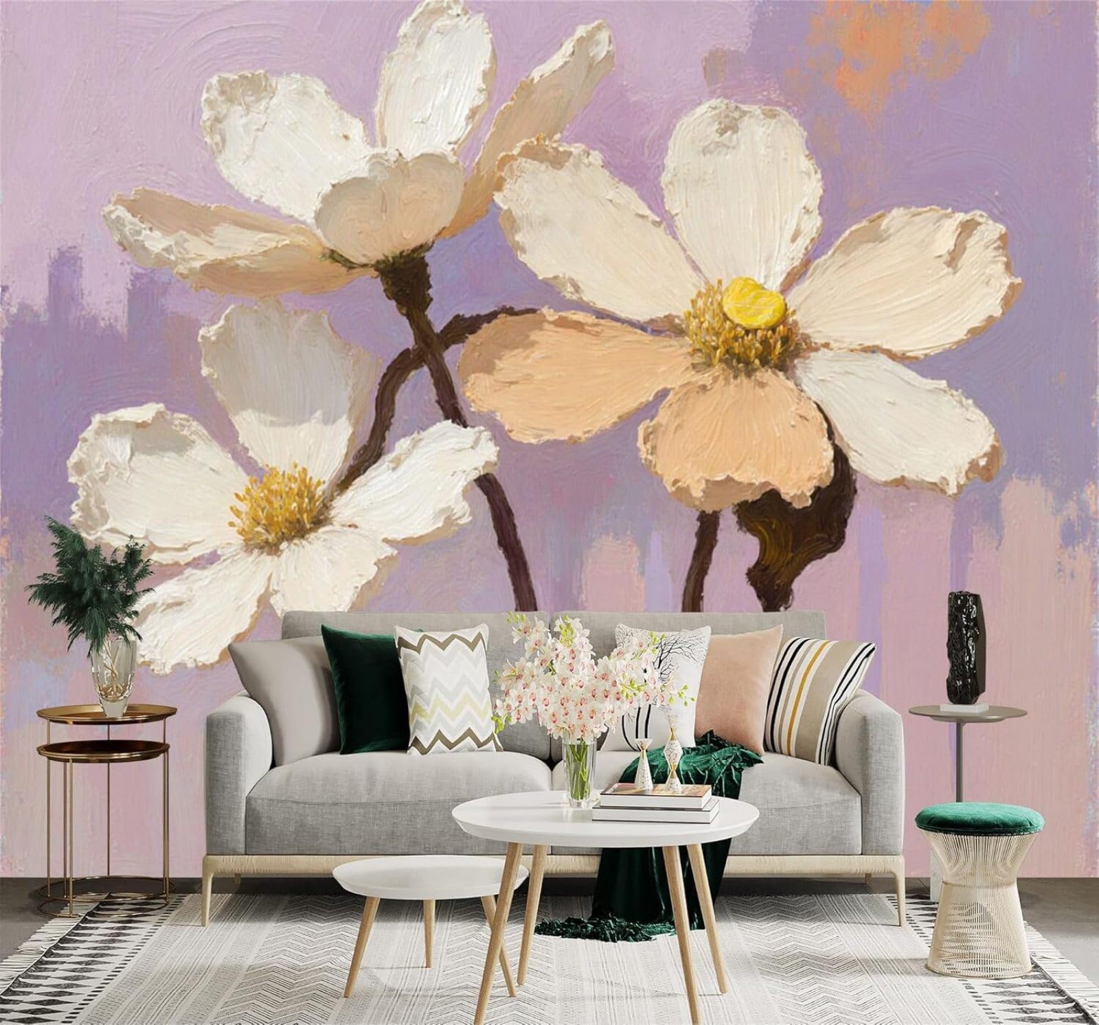 Xlming 250Cm×170Cm(B×H) Abstract Purple Hand Drawn White Beige Flowers 3D Wallpaper Silky Texture Home Study Office Grey Dining Room Sofa Bedroom Living Room Tv Backdrop-250Cm×170Cm