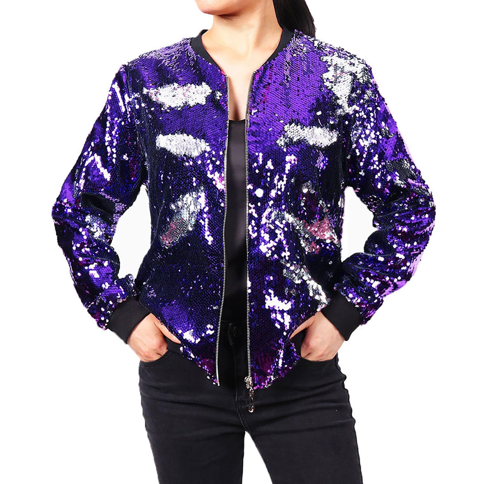 Chaqueta brillante para mujer Bomber – Chaqueta de piloto de lentejuelas en estilo 80, brillante abrigo de fiesta, sexy y metálico para Navidad.