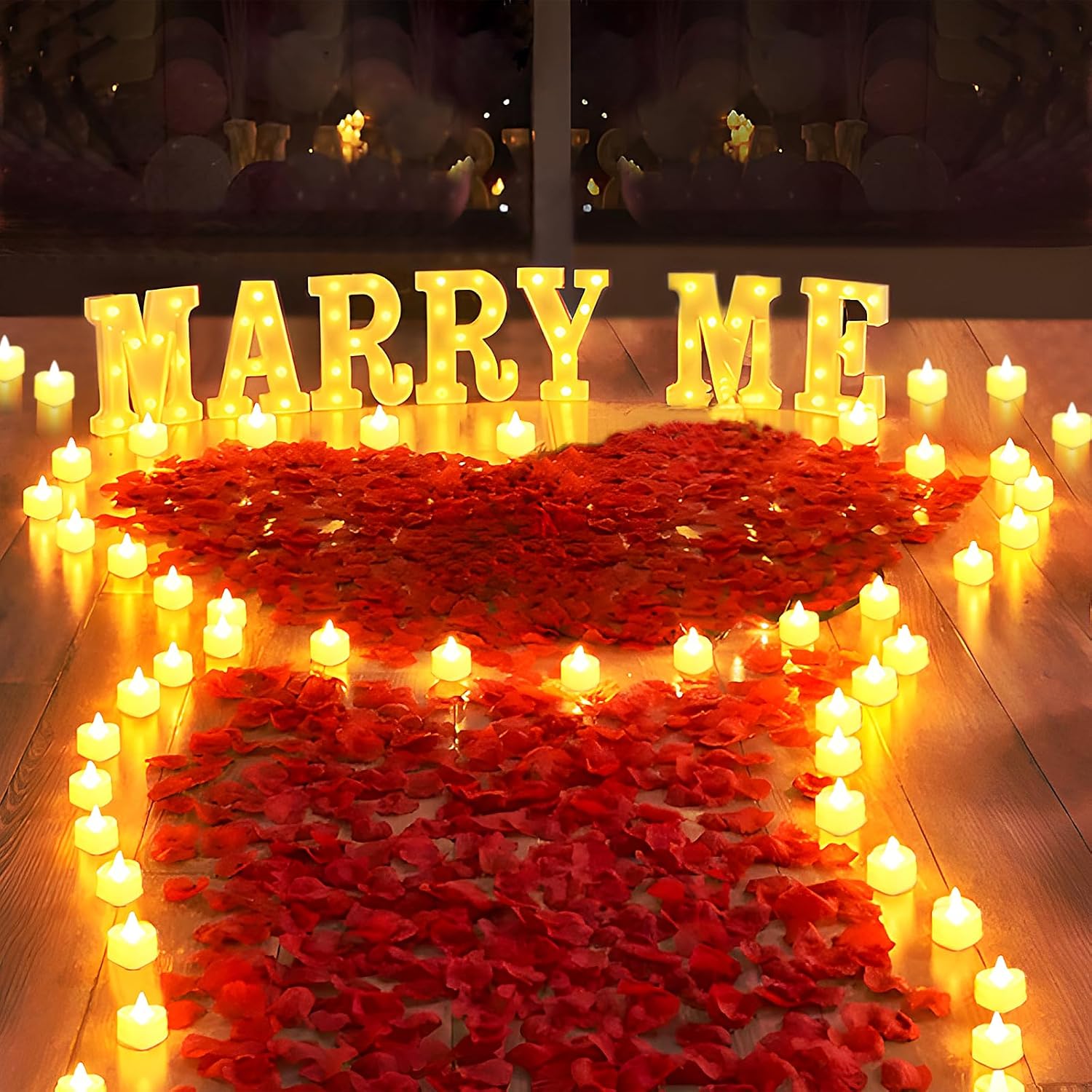 PUEDO SER TU NOVIO? Lighted Letters Sign 17pcs Luminary Paper Bags 2200pcs Red Pink Artificial Rose Petals 48pcs Flameless LED Candle Tealight 15pcs Heart Balloons Romantic Night Valentine's Day